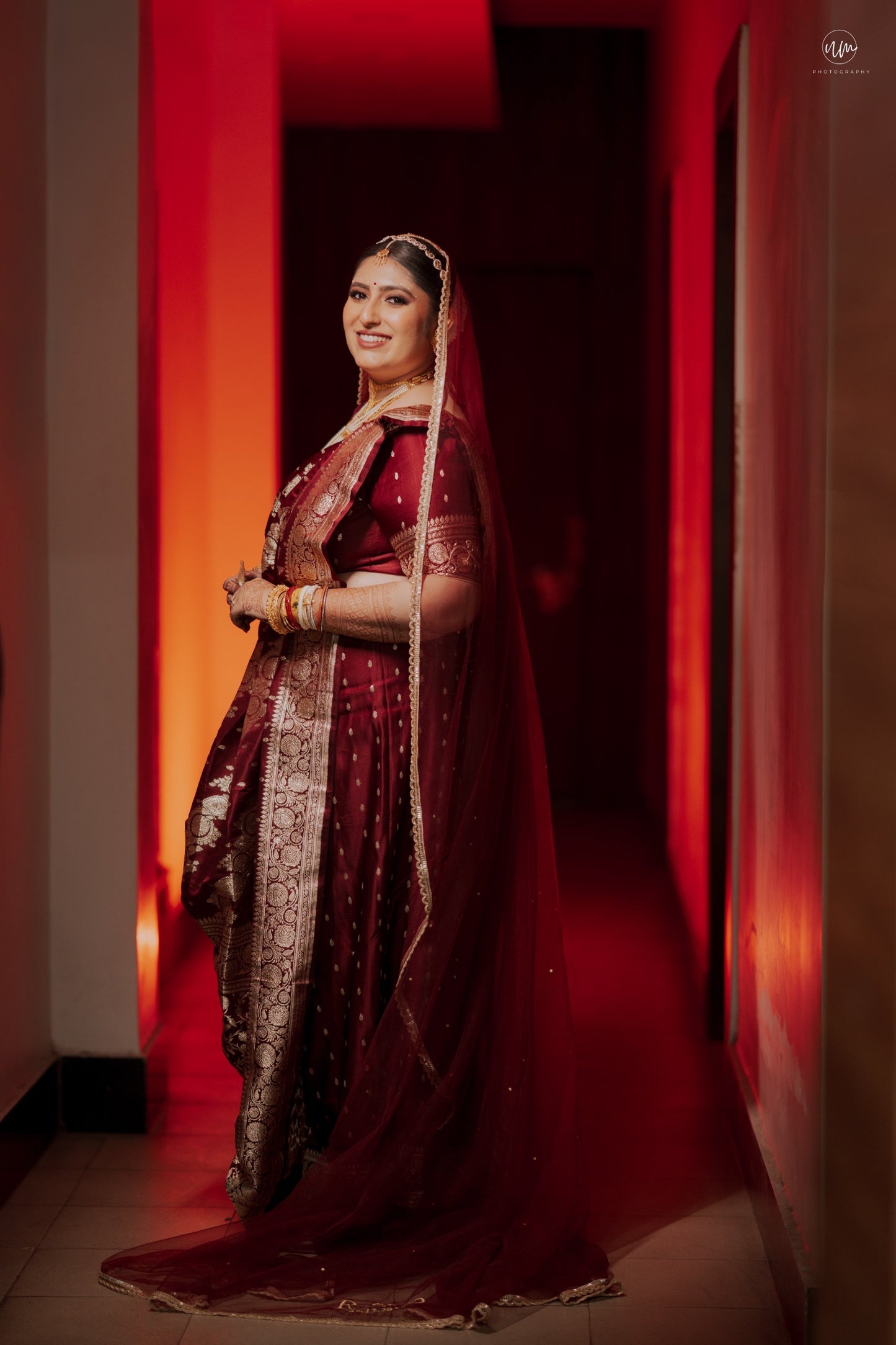 Elara : Minimal border chapel length veil with names of bride and groom personalised