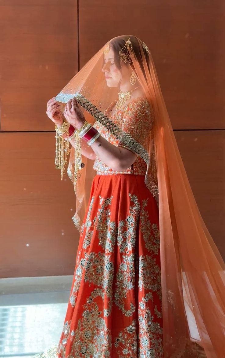 Kesariya : A Coral mirrored Cathedral length Bridal Veil with embroidered personalisations