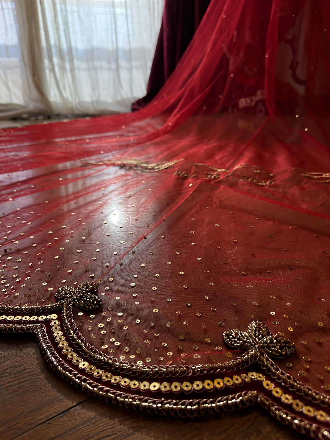 The Scarlet Solstice – Hand Embroidered Maroon Sequins Veil in Ombré with Custom scalloped Borders