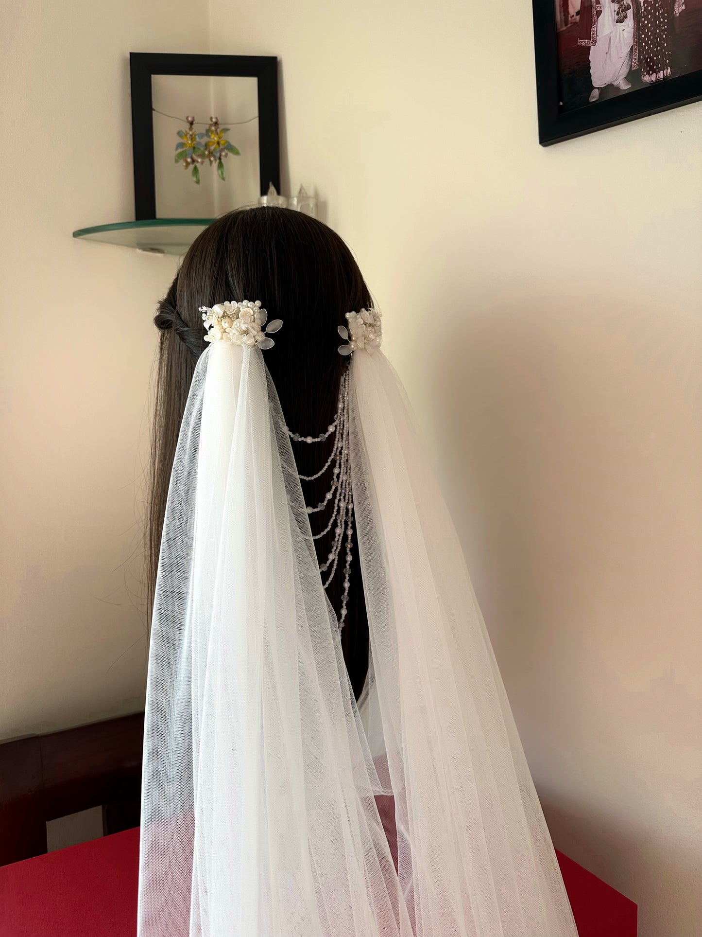Enchanted : The jewelled Ivory Draped Veil with resin floral hair accessories and floral embroidery