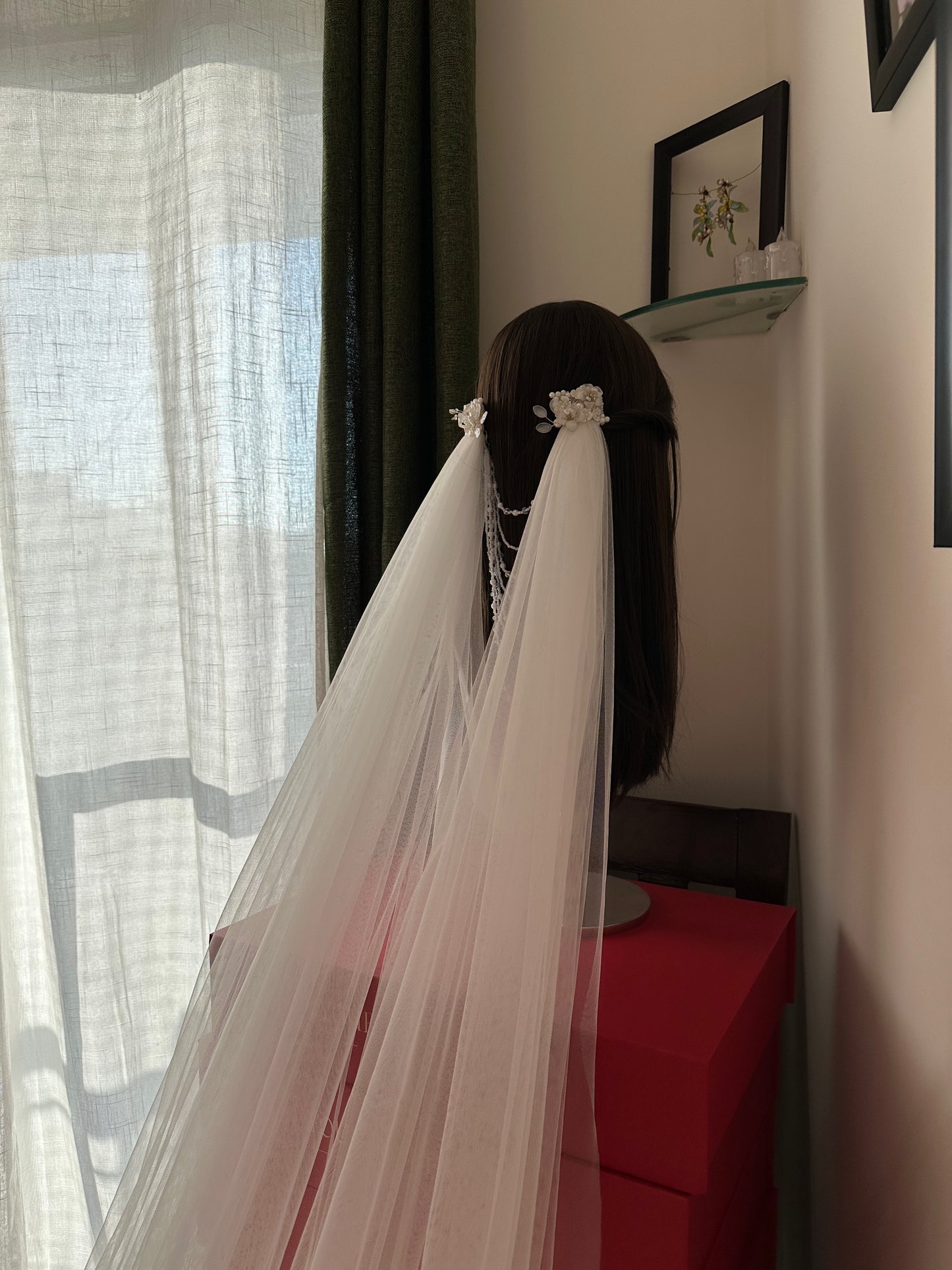 Enchanted : The jewelled Ivory Draped Veil with resin floral hair accessories and floral embroidery