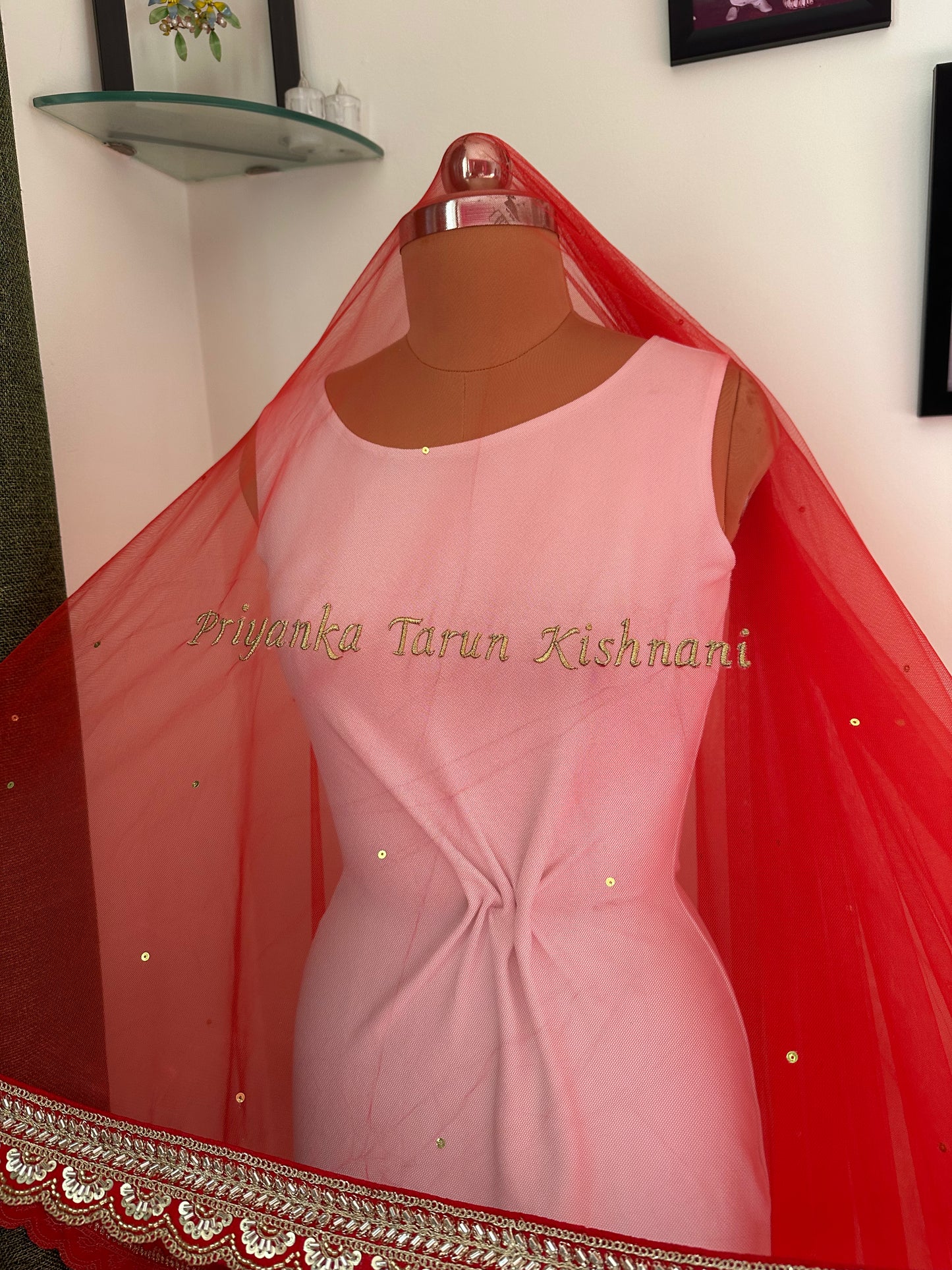 Scarlet Veda - Cathedral length Red veil with Sanskrit quote personalised