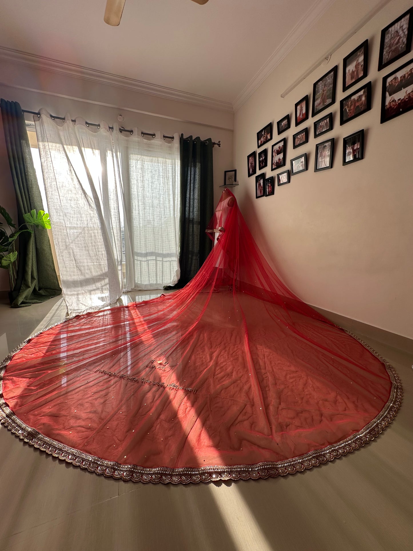 Scarlet Veda - Cathedral length Red veil with Sanskrit quote personalised