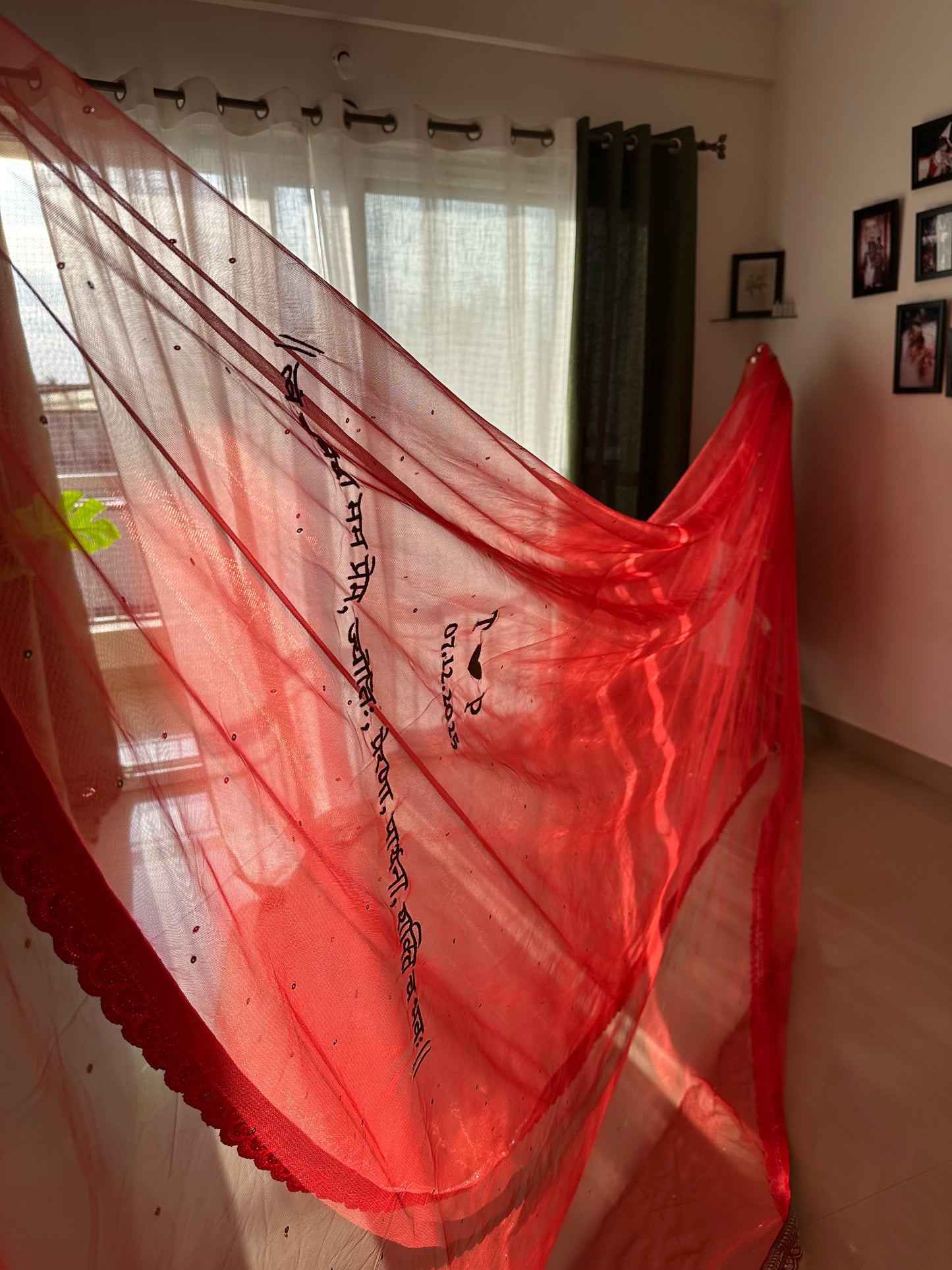 Scarlet Veda - Cathedral length Red veil with Sanskrit quote personalised