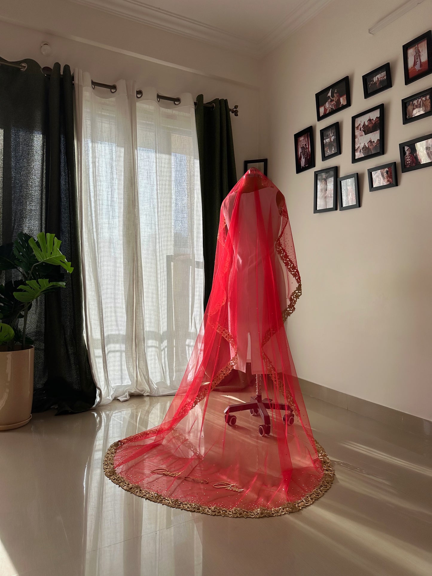 Ruby woo - A Red Chapel length Veil with Ombre stone embellishment.