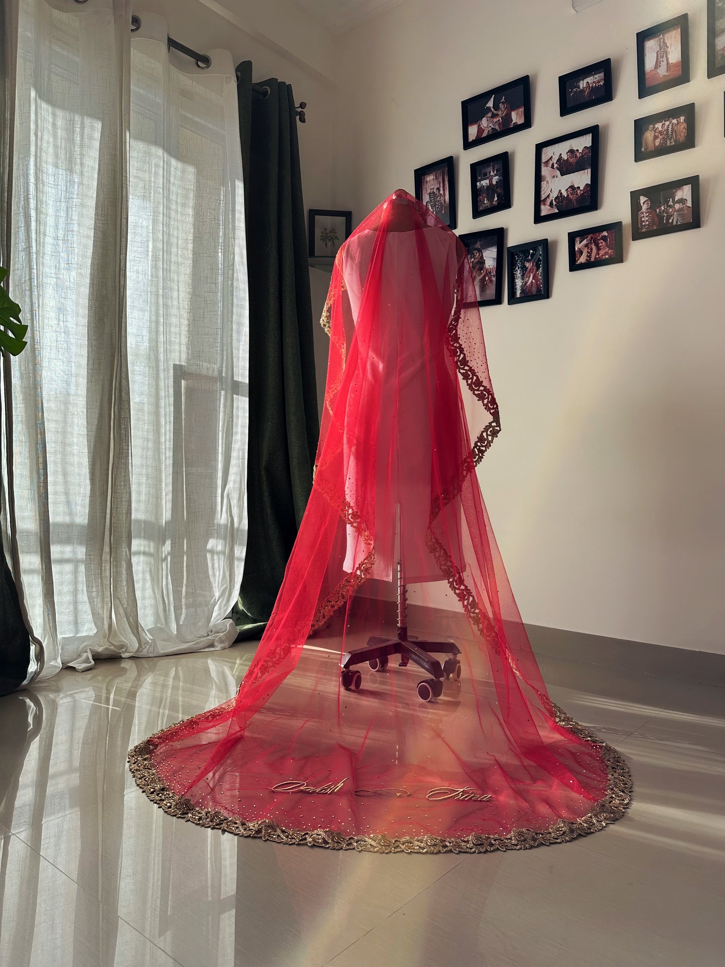 Ruby woo - A Red Chapel length Veil with Ombre stone embellishment.