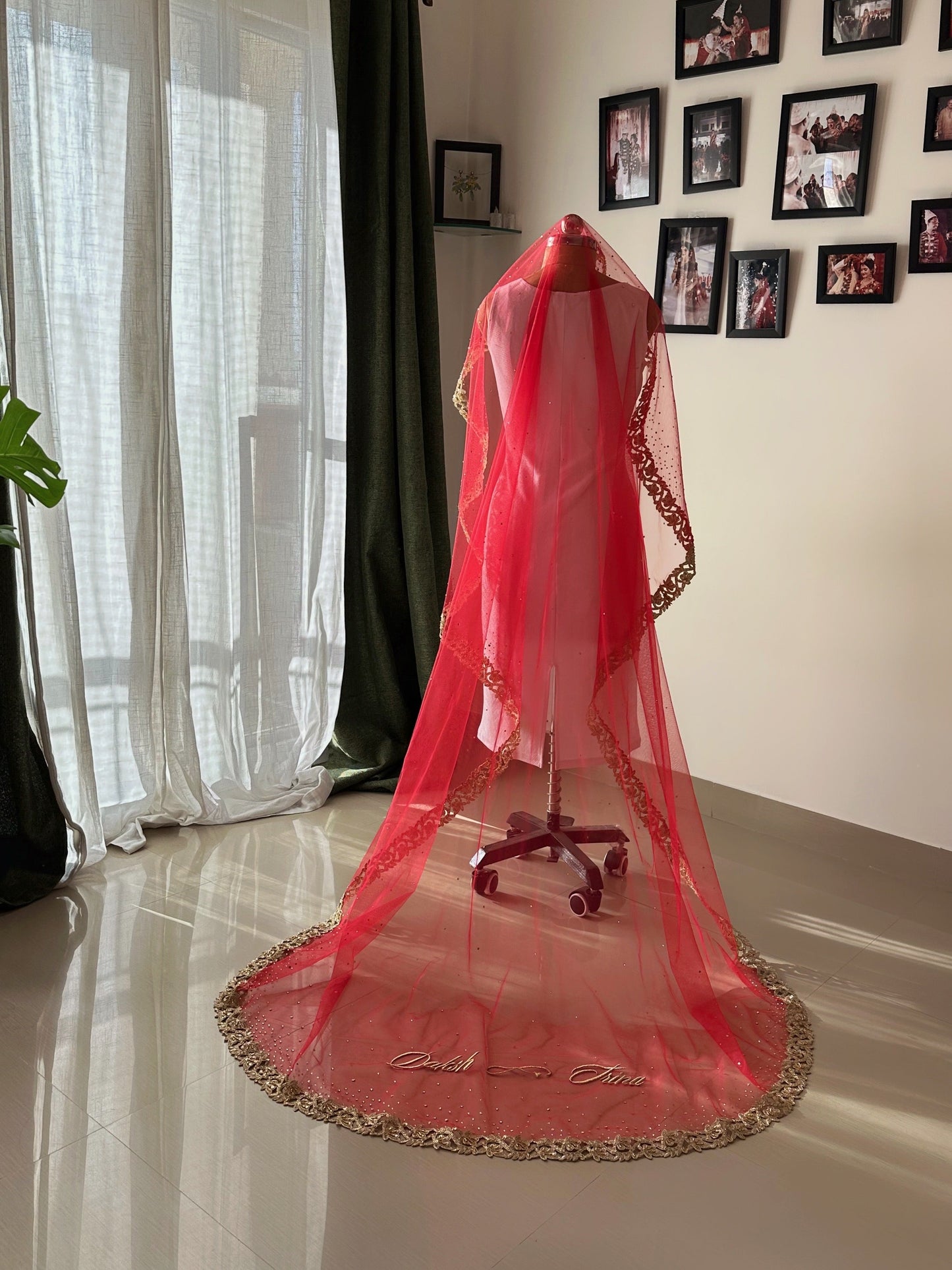Ruby woo - A Red Chapel length Veil with Ombre stone embellishment.