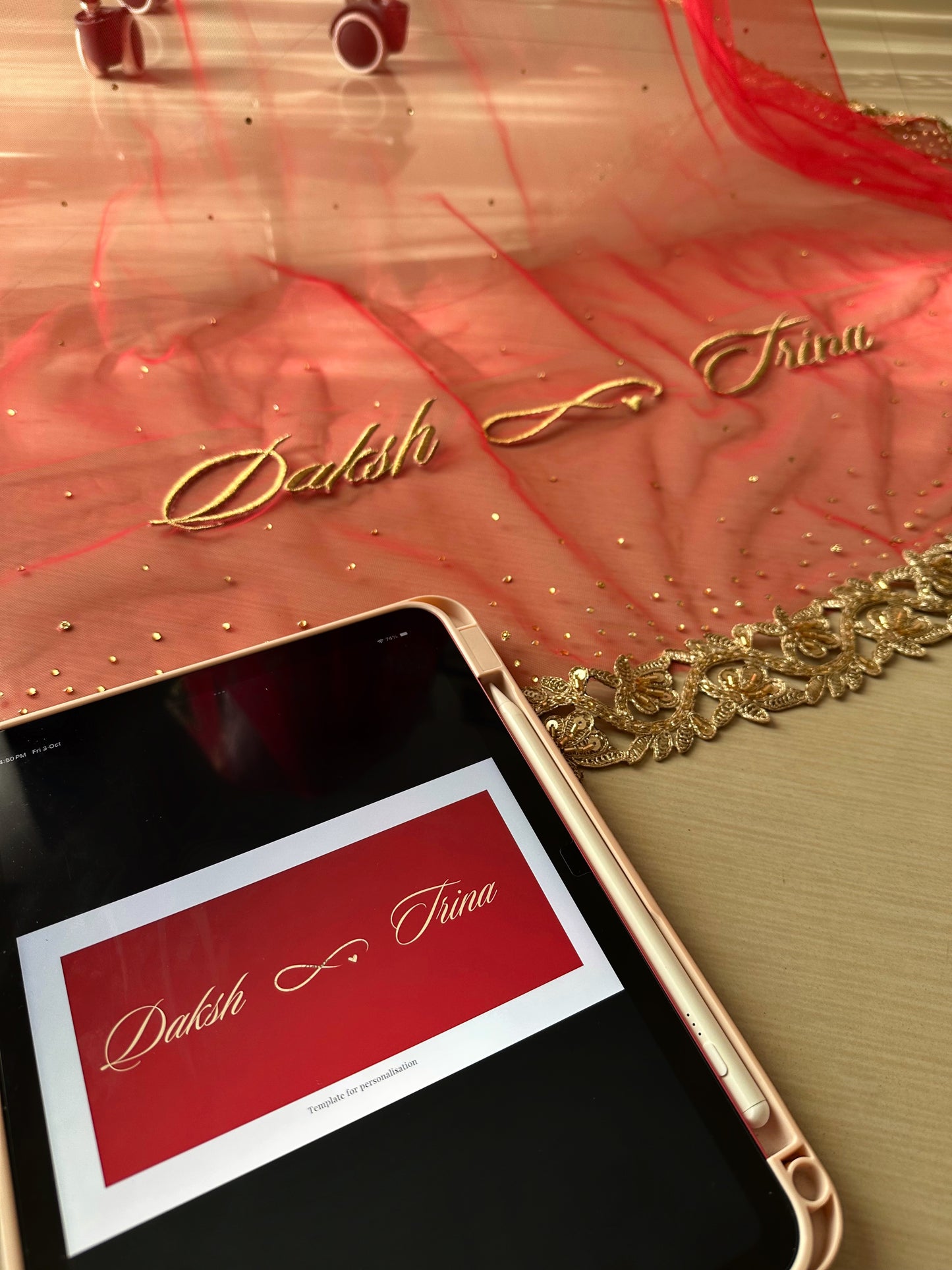Ruby woo - A Red Chapel length Veil with Ombre stone embellishment.
