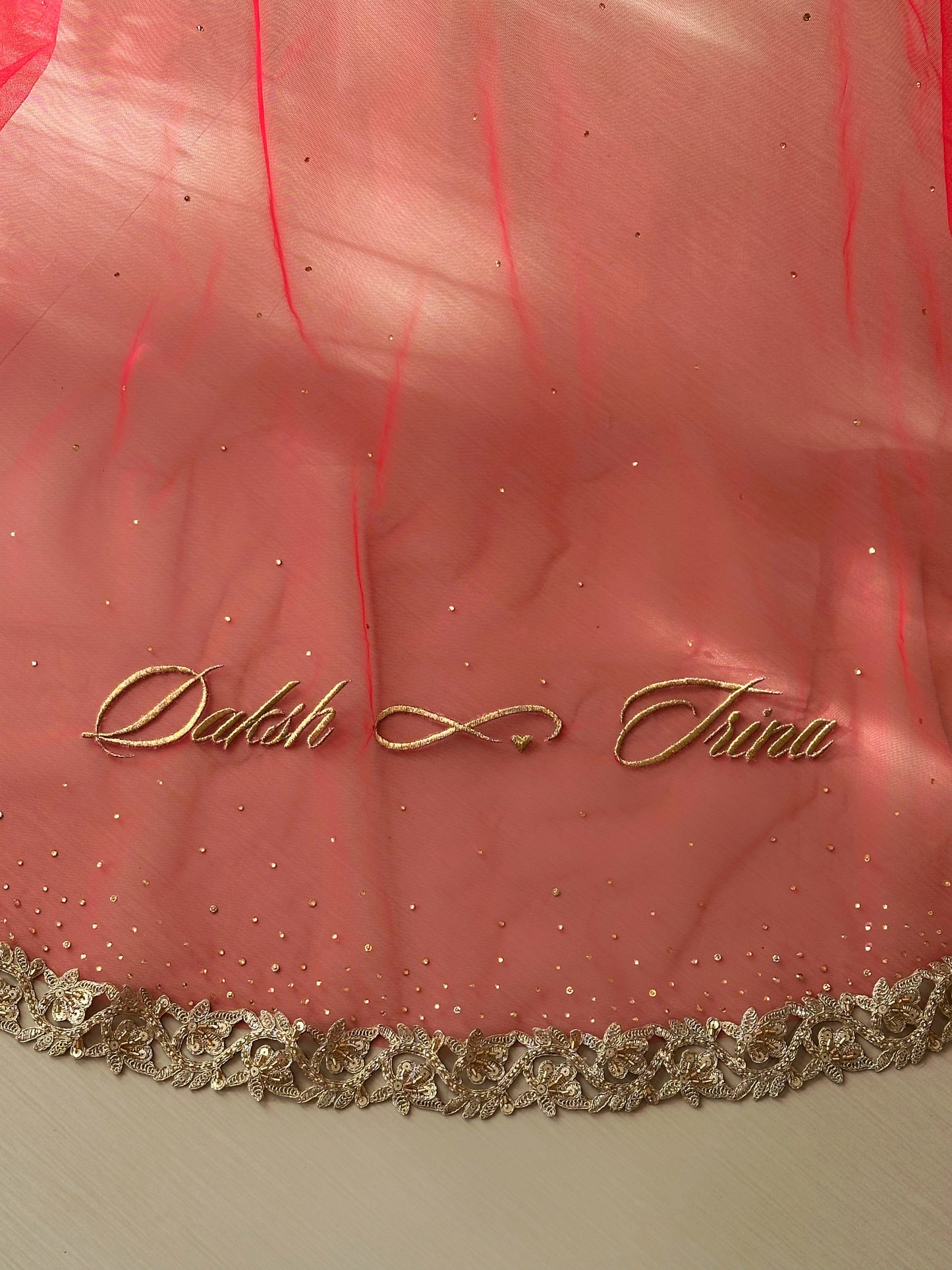 Ruby woo - A Red Chapel length Veil with Ombre stone embellishment.