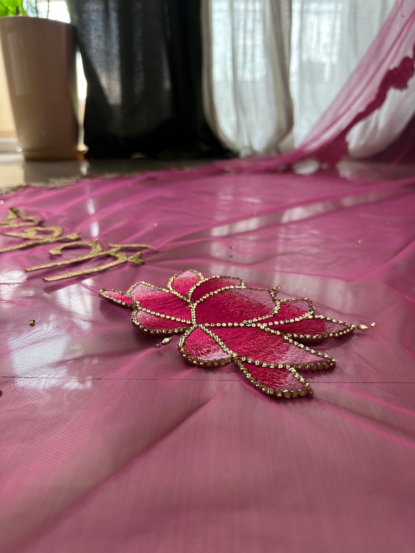 Padmavati: A Custom pink Bridal Veil with Embroidered Border & Lotus Personalisation