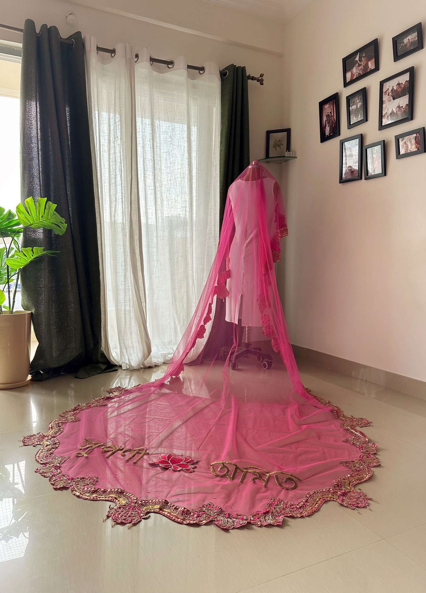 Padmavati: A Custom pink Bridal Veil with Embroidered Border & Lotus Personalisation