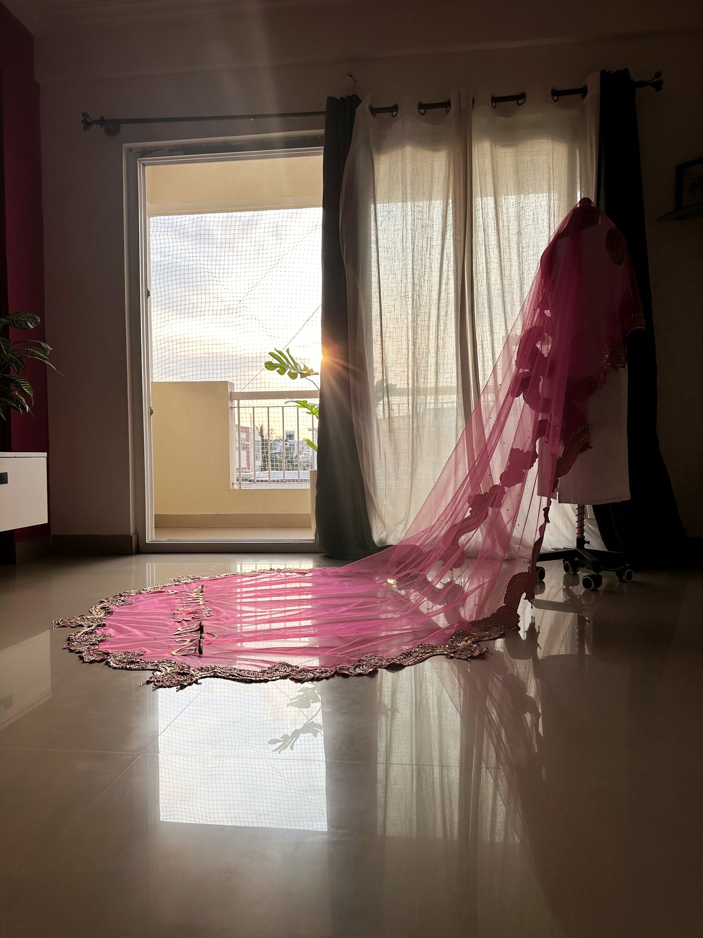 Padmavati: A Custom pink Bridal Veil with Embroidered Border & Lotus Personalisation