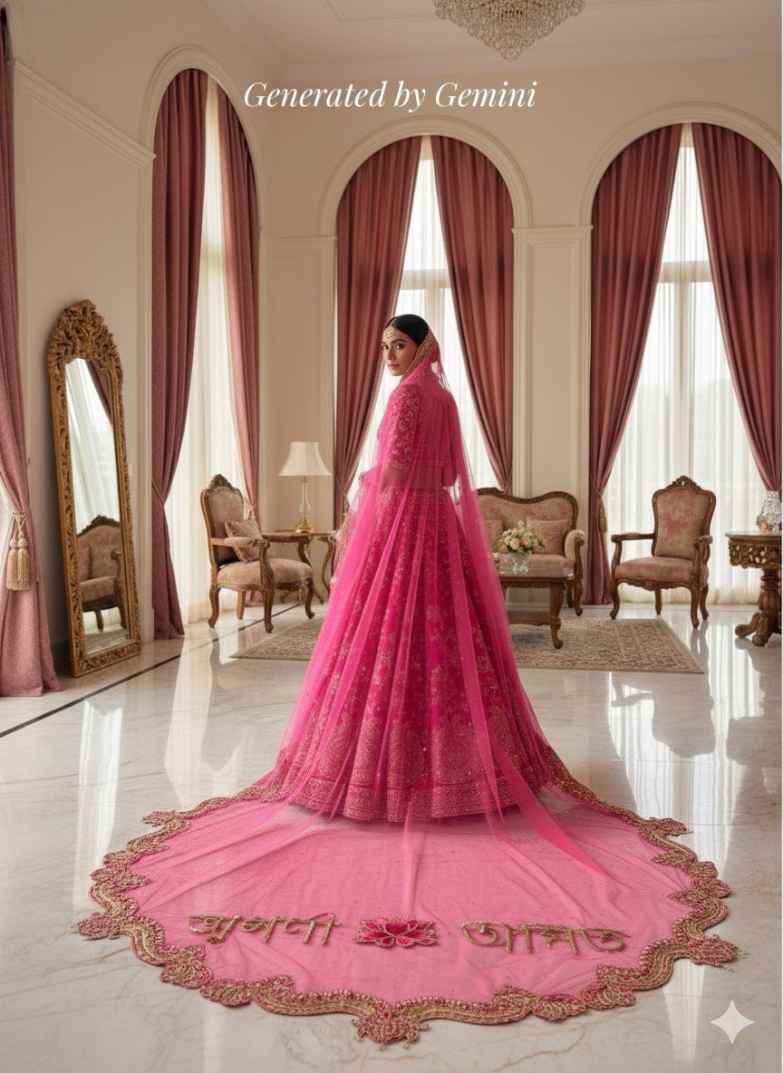 Padmavati: A Custom pink Bridal Veil with Embroidered Border & Lotus Personalisation
