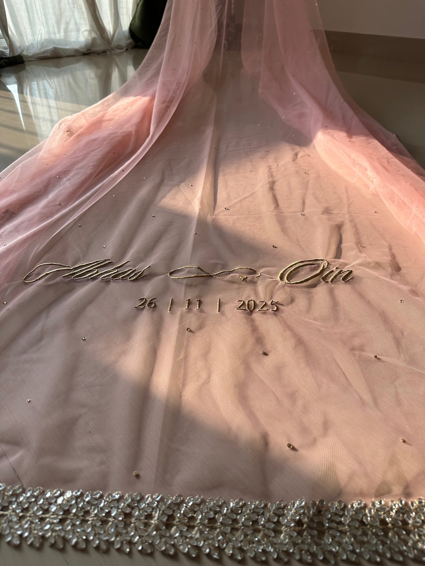 Sheesh Mahal : A Peachy-Pink mirrored Cathedral length Bridal Veil with embroidered personalisations