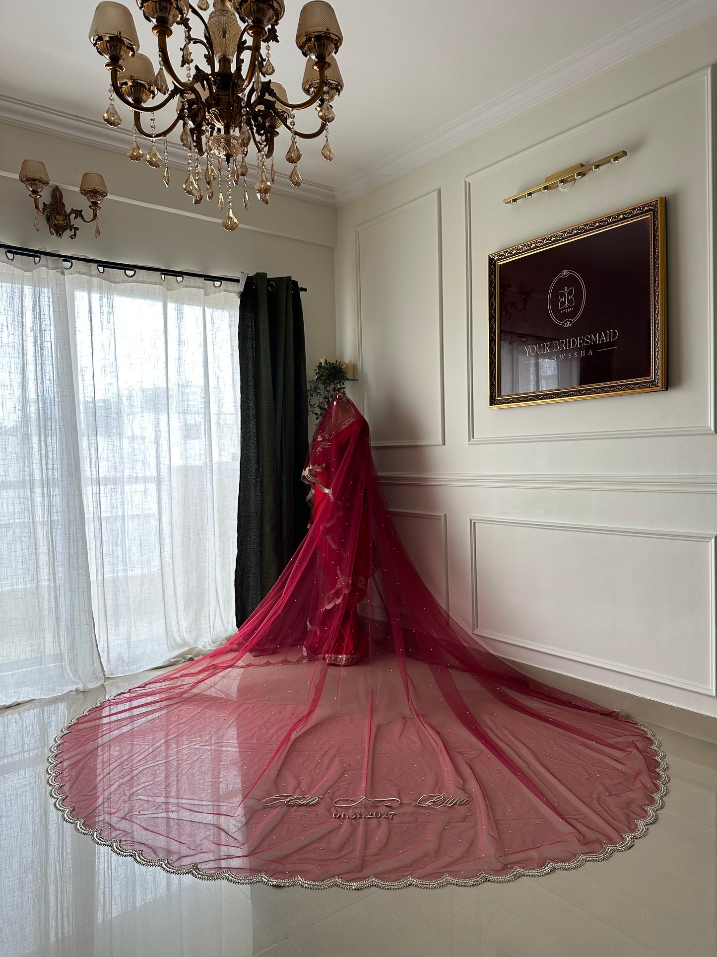 Ishq : A dark maroon veil with scalloped border and personalised quote and couple’s name