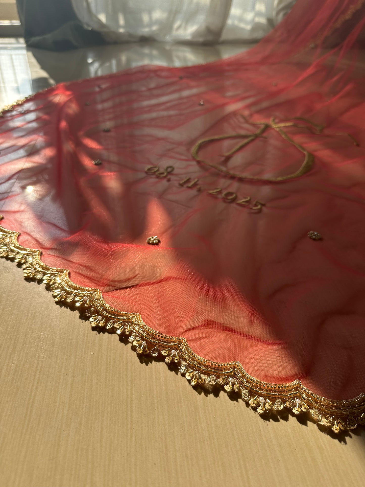 Crimson Flame : Red Bridal Veil with Golden Scalloped Border & Custom Embroidery