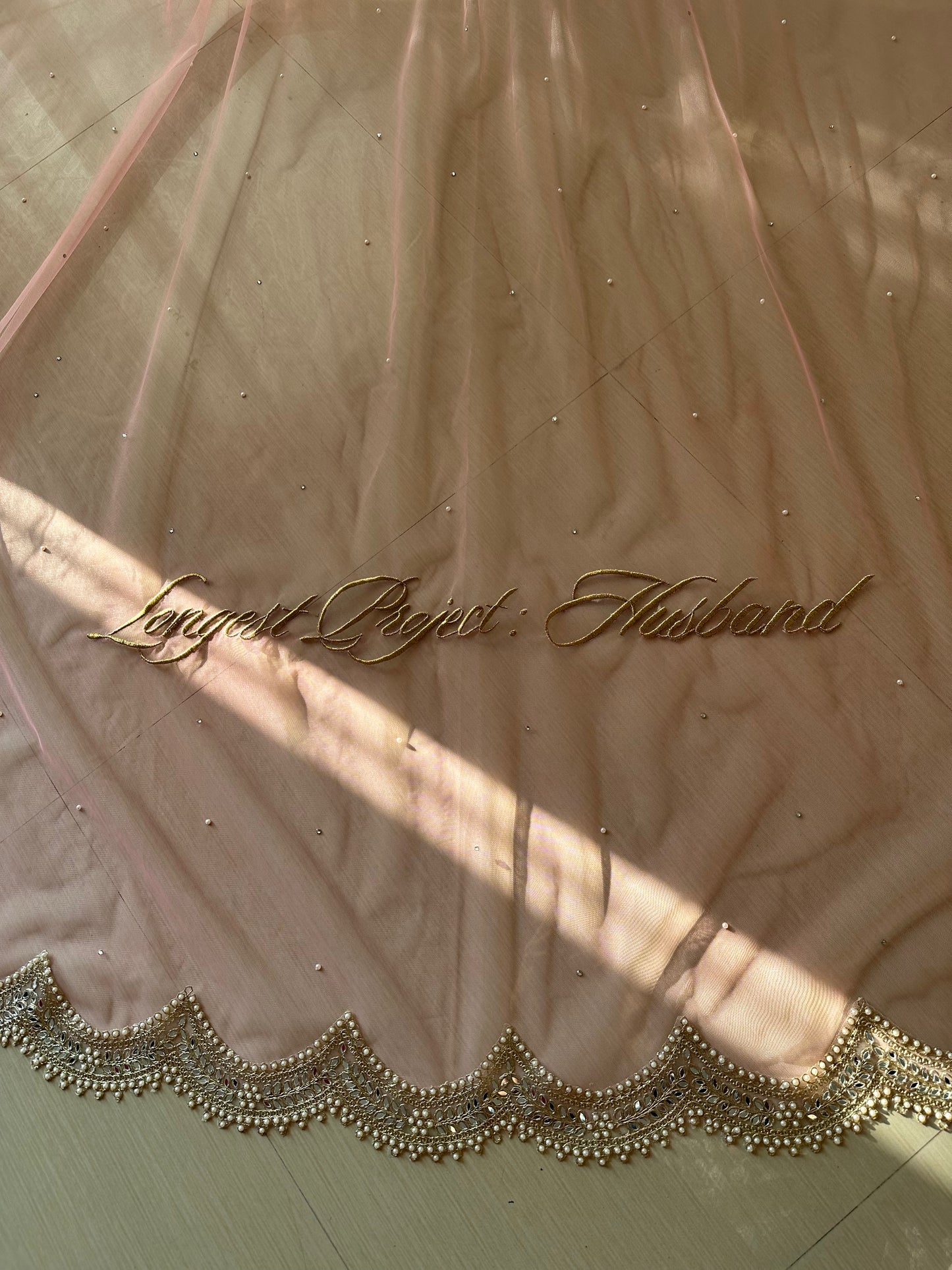 Blush Aura Veil : A blush pink Cathedral length Veil with a Personalised quote