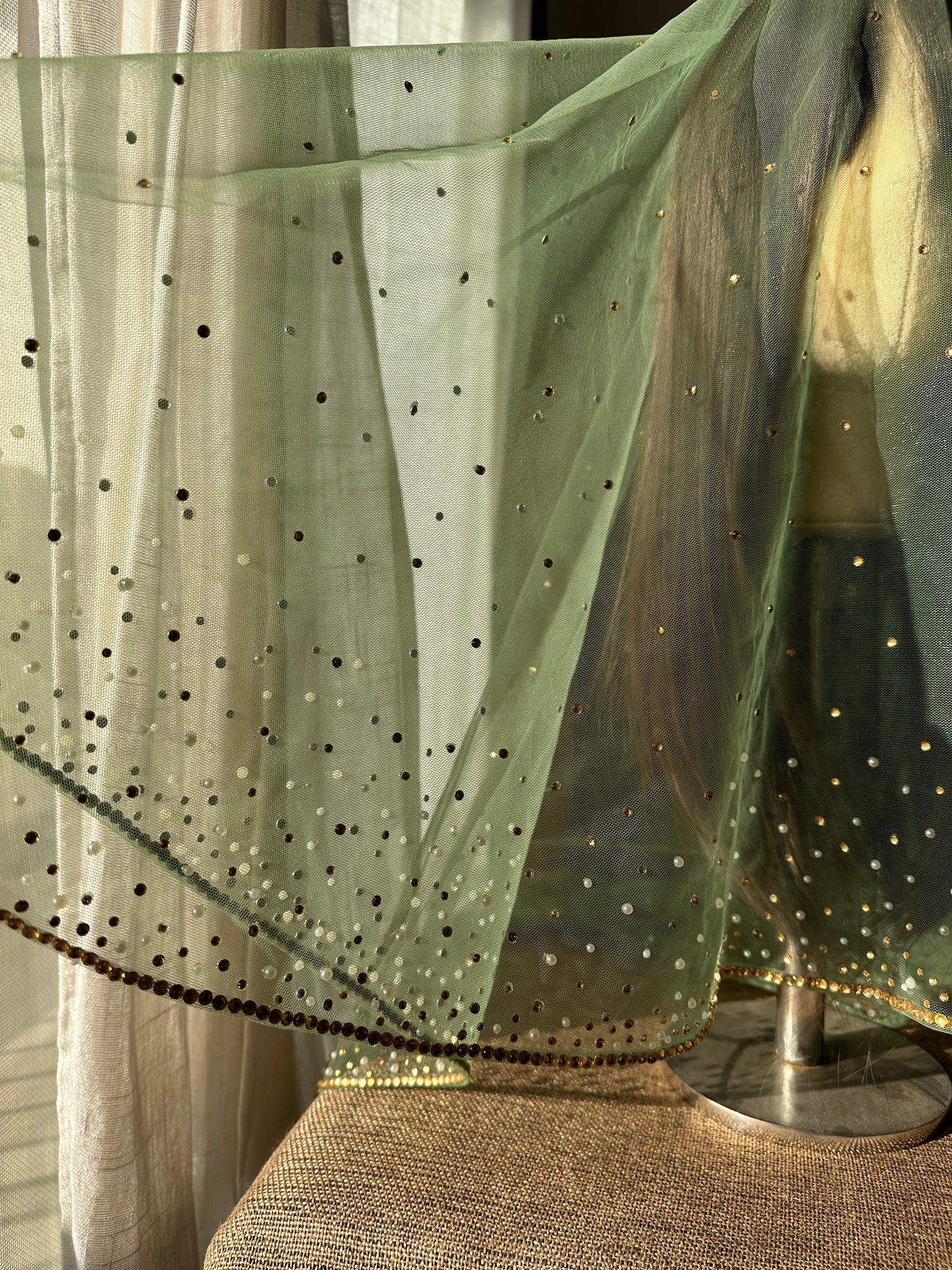 Stardust – A Sage Green Pearl & Rhinestone Bridal Veil with Ombre studded Blusher