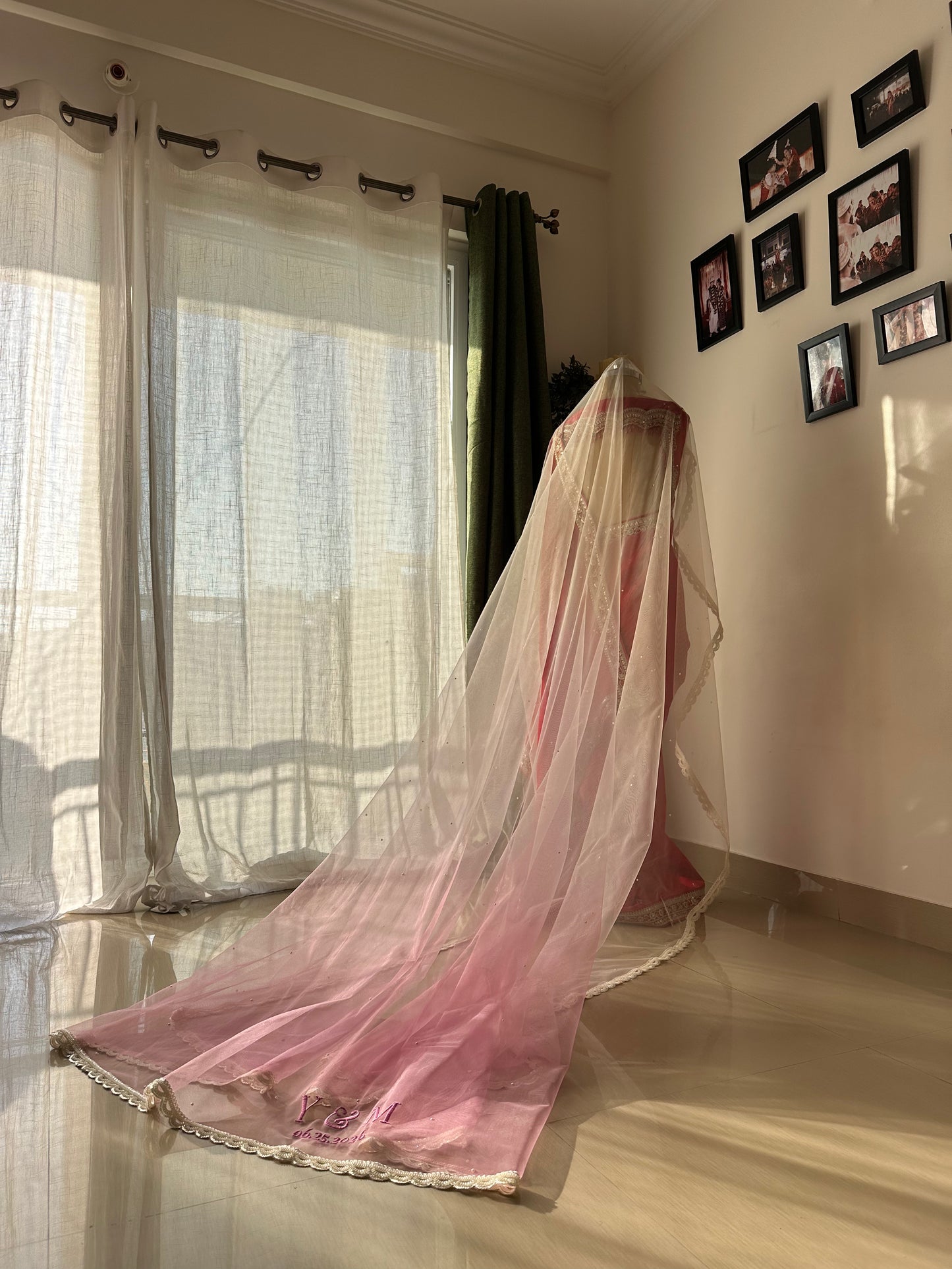 Rosette : An Ombre Blush pink Chapel length Veil with Initials