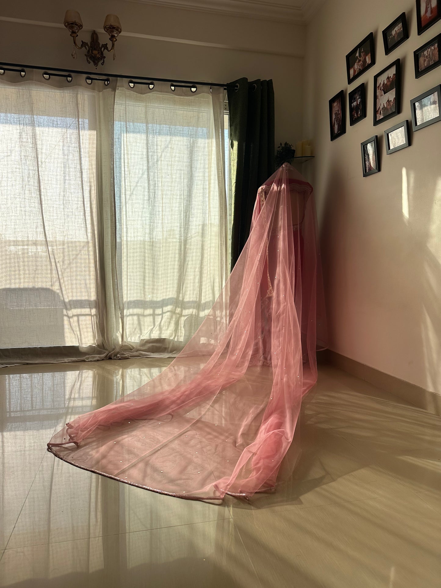 Blush Halo : Baby Pink Cathedral Length Bridal Veil with Sleek Beaded Border