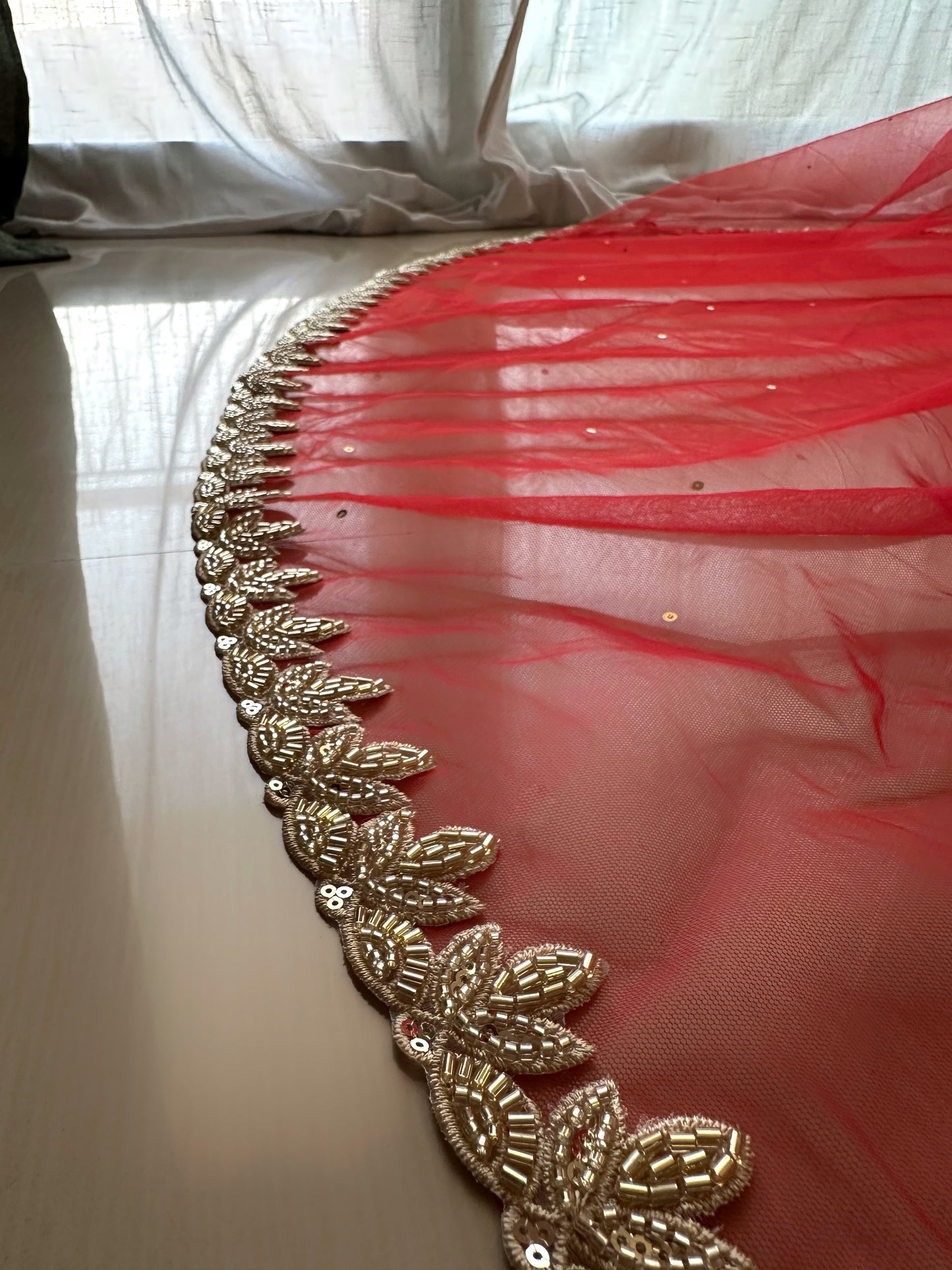 Ruby : Red Cathedral length full flared veil with Golden Leaf Detailing