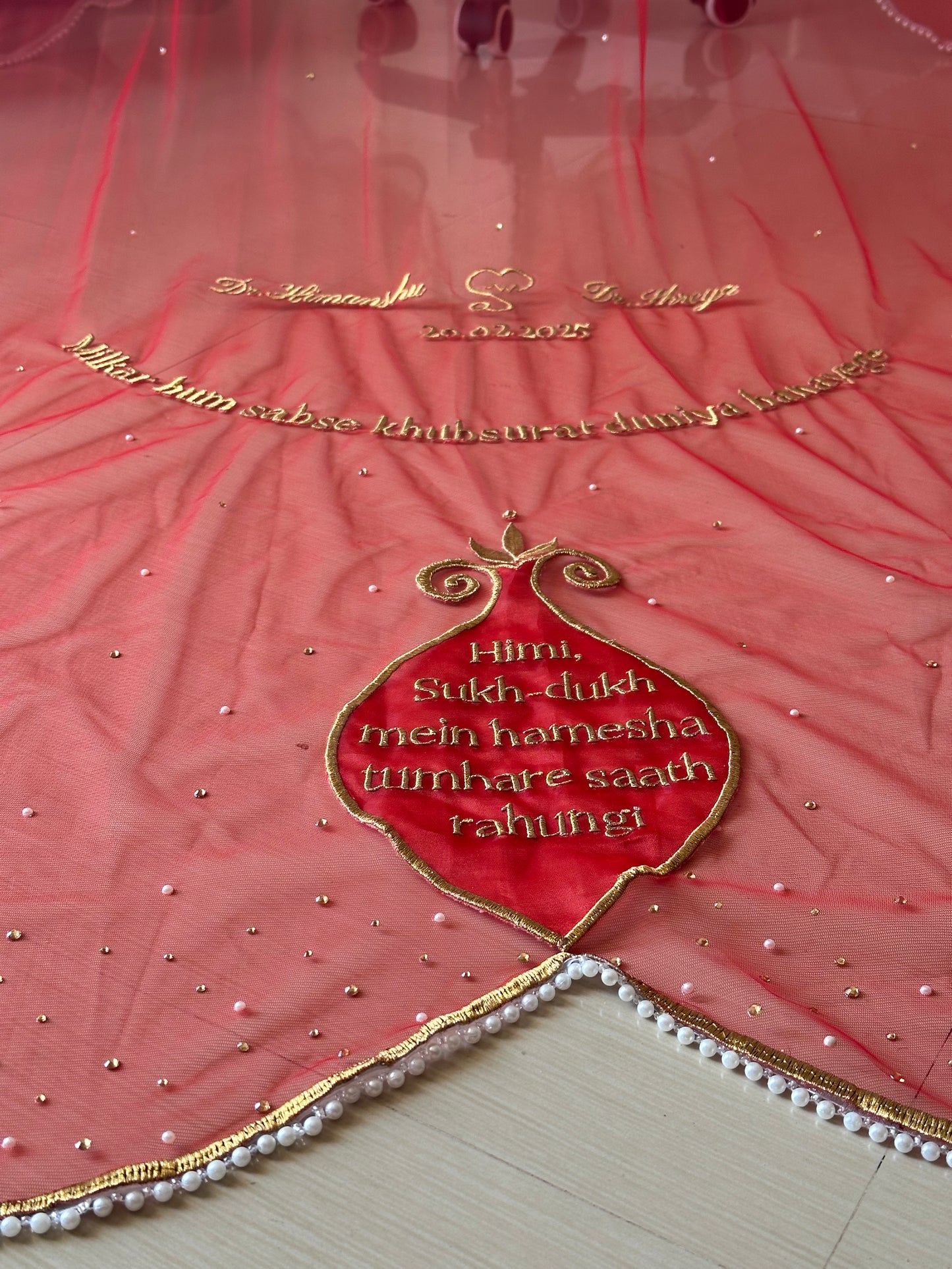 Saat Vachan – Personalized Red Cathedral Veil with Sacred Name Embroidery