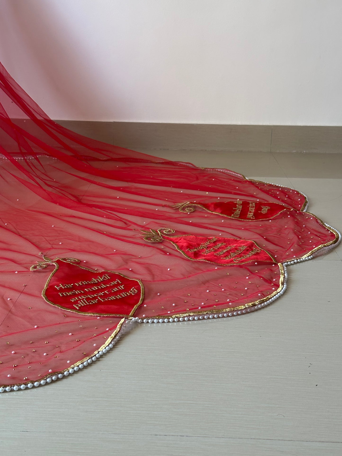 Saat Vachan – Personalized Red Cathedral Veil with Sacred Name Embroidery