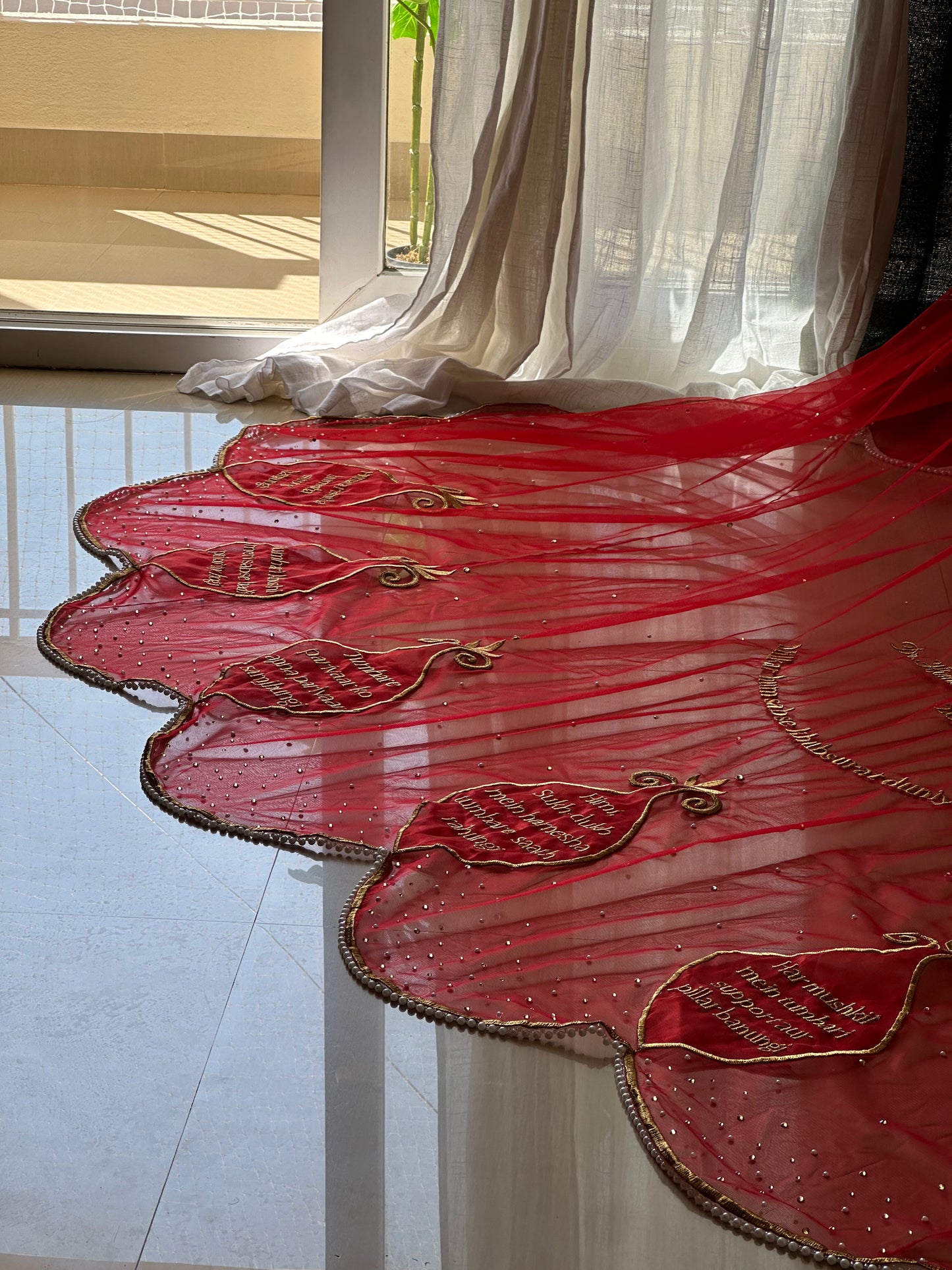 Saat Vachan – Personalized Red Cathedral Veil with Sacred Name Embroidery