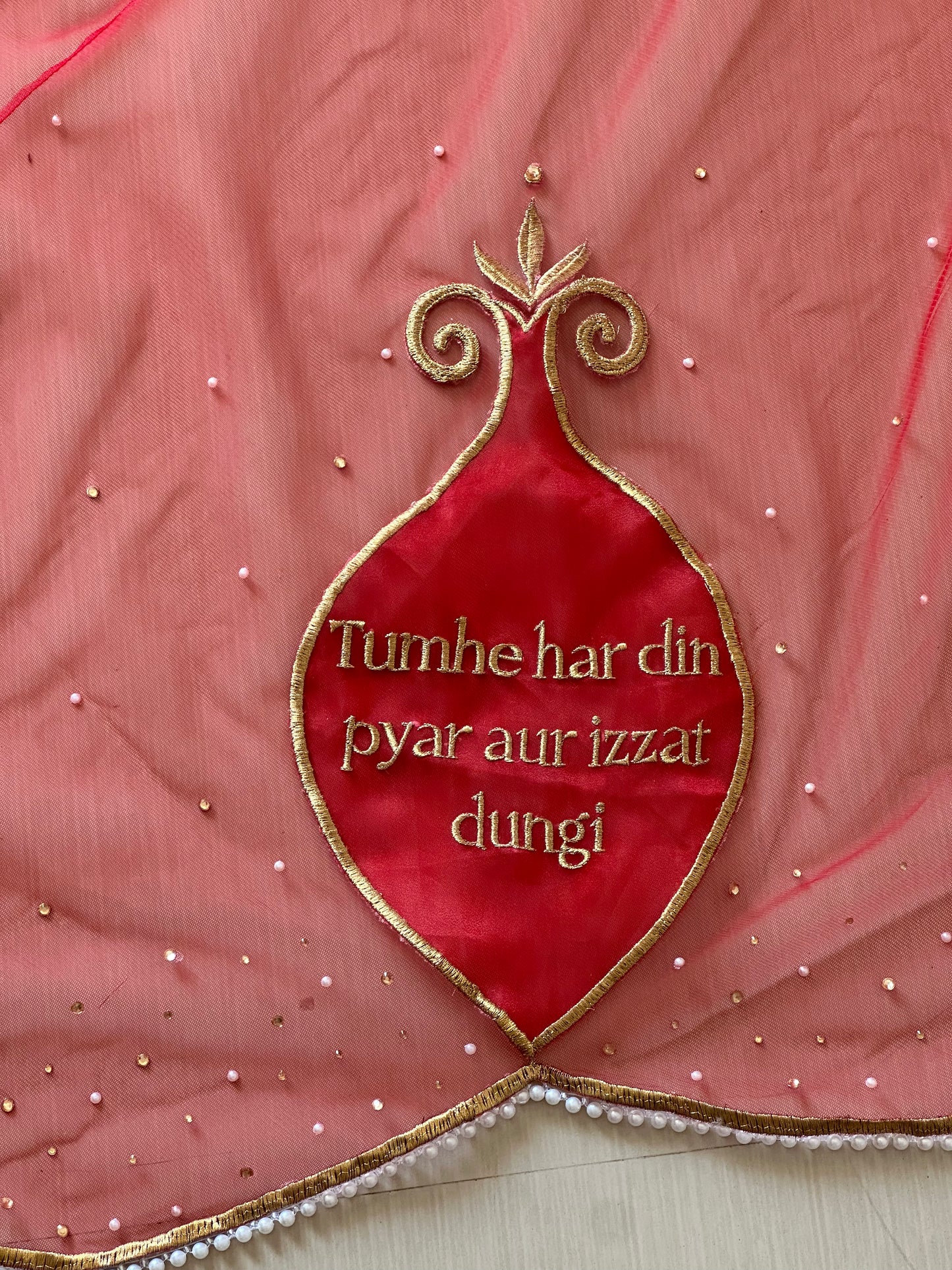 Saat Vachan – Personalized Red Cathedral Veil with Sacred Name Embroidery