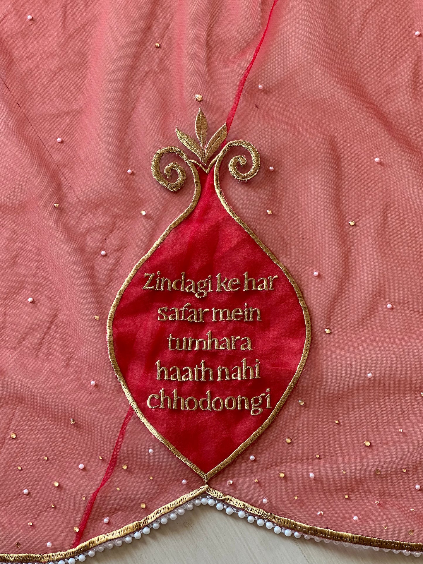 Saat Vachan – Personalized Red Cathedral Veil with Sacred Name Embroidery