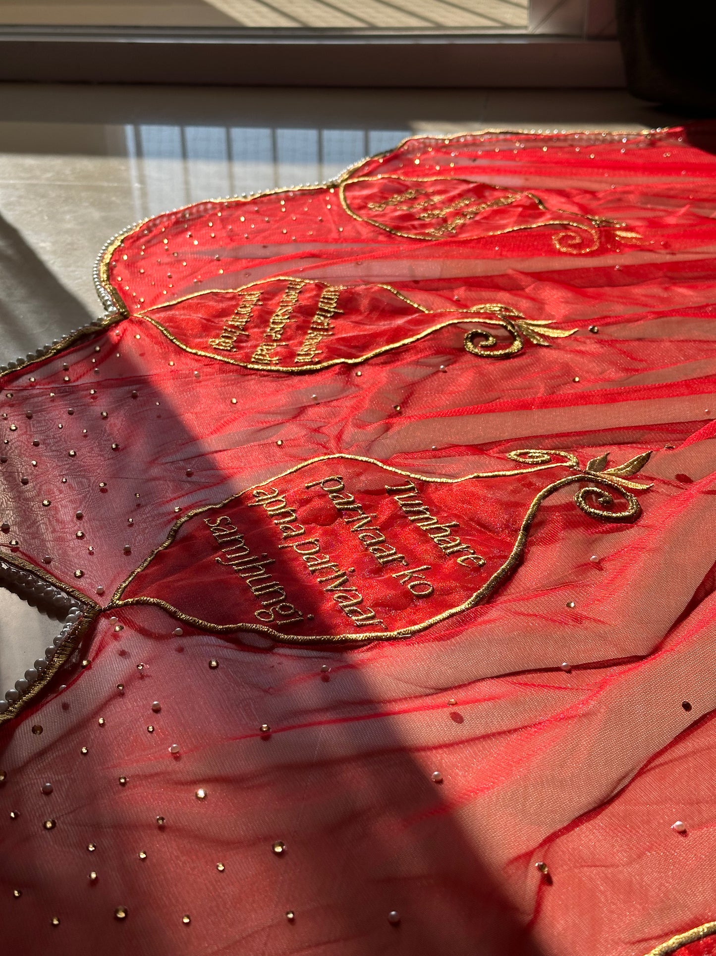 Saat Vachan – Personalized Red Cathedral Veil with Sacred Name Embroidery