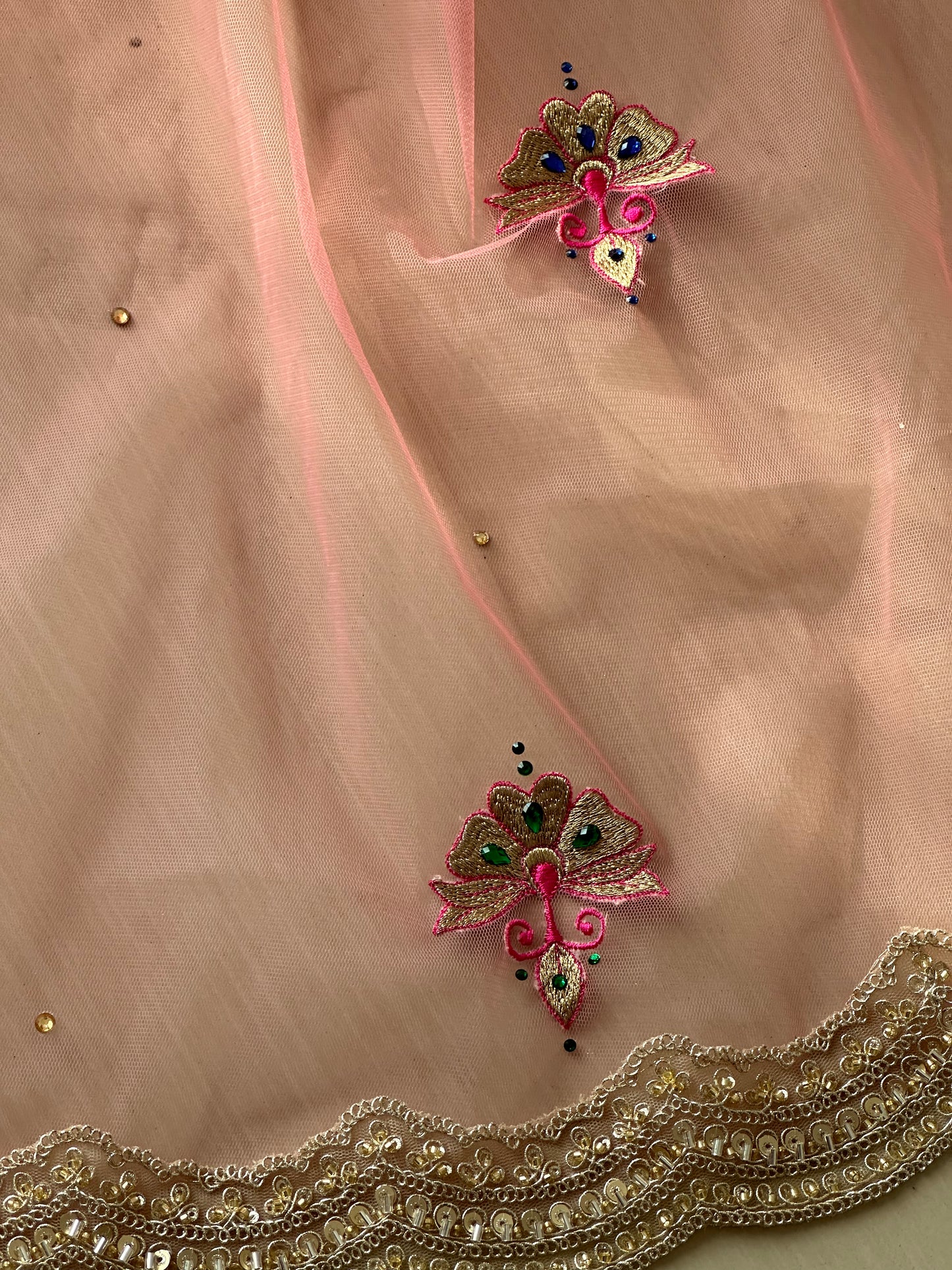 Pink Parables: Pink Chapel Length Veil with Saree-Inspired Embroidery & Stone Work
