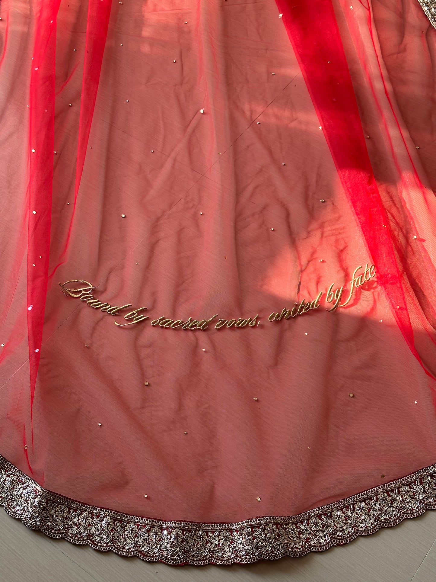 Raabta : Red Tulle Face-Cover Veil with Zircon Embellishments & Personalized Quote