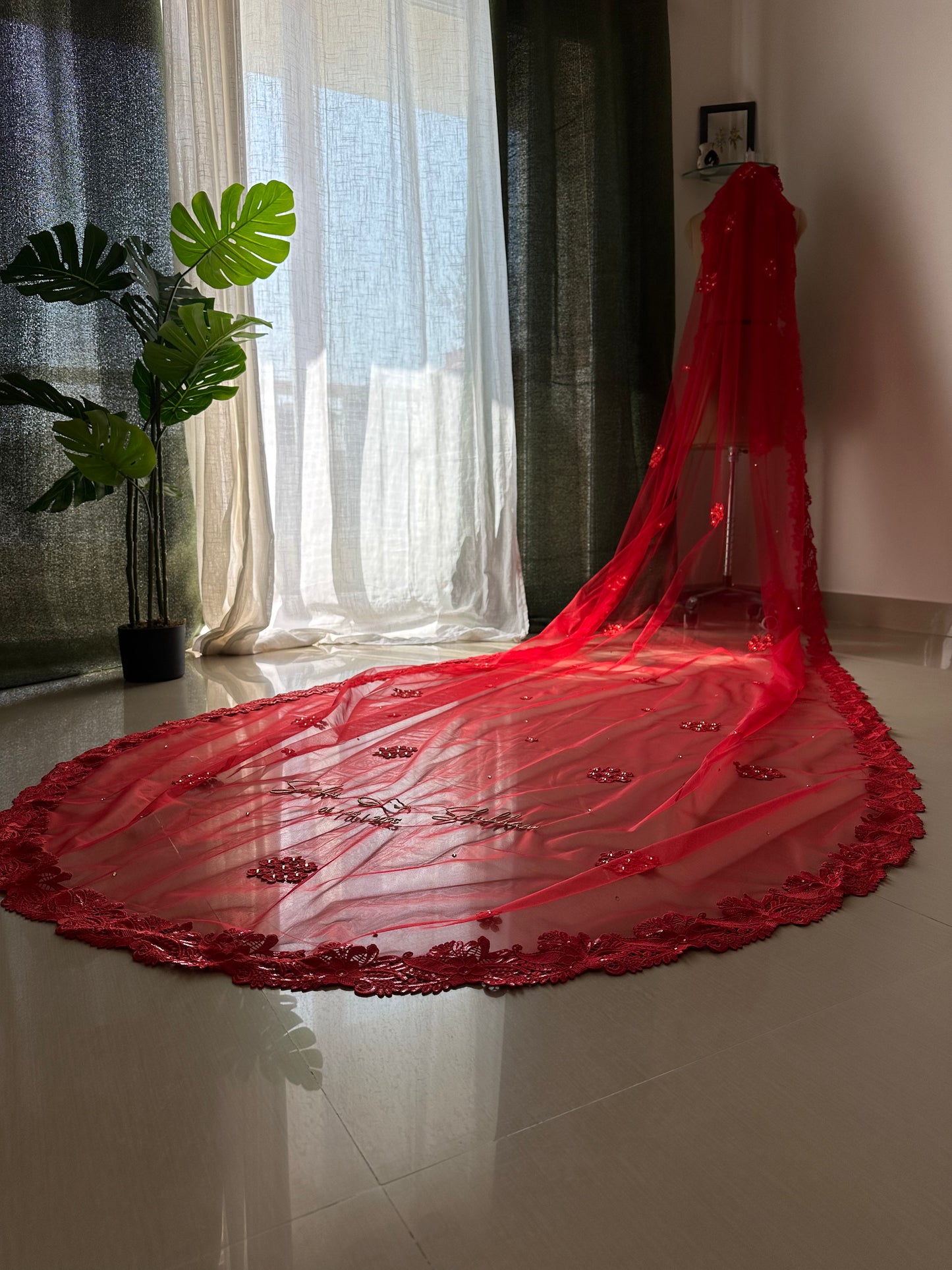 Ever Thine – Romantic Red Veil with Bride & Groom Names in Custom Embroidery