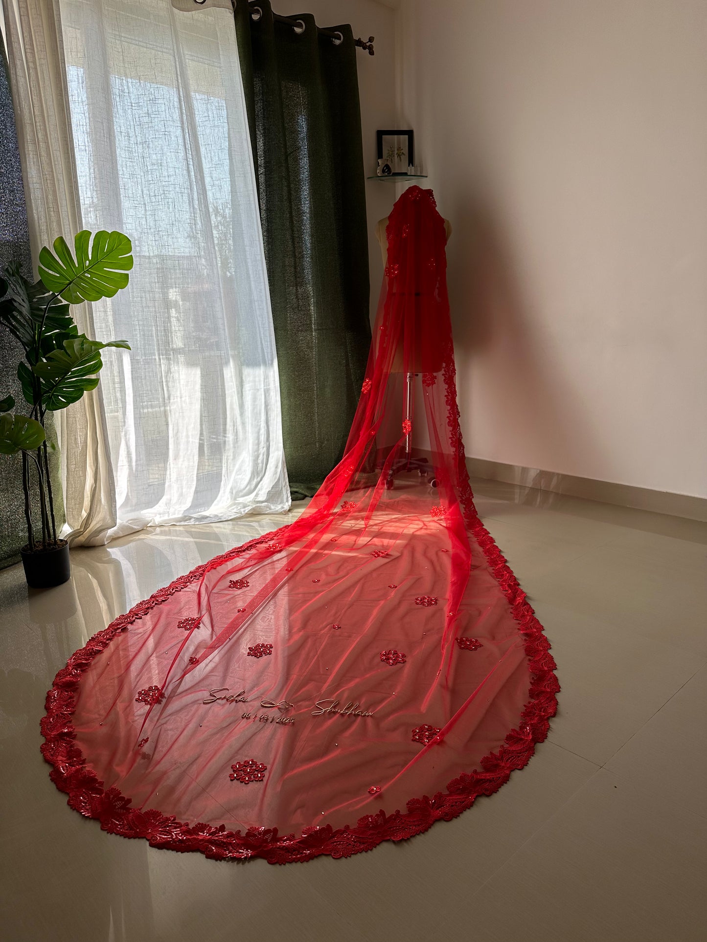 Ever Thine – Romantic Red Veil with Bride & Groom Names in Custom Embroidery