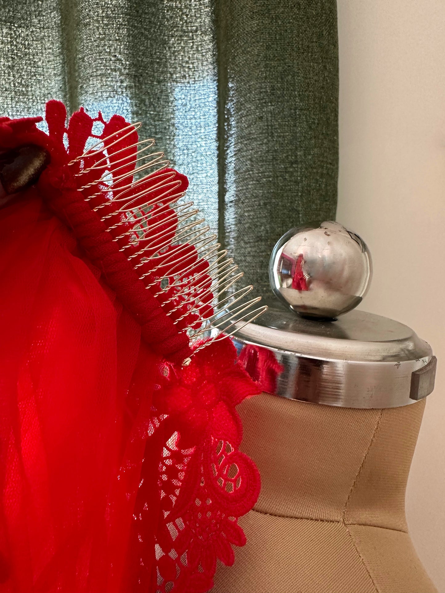 Ever Thine – Romantic Red Veil with Bride & Groom Names in Custom Embroidery