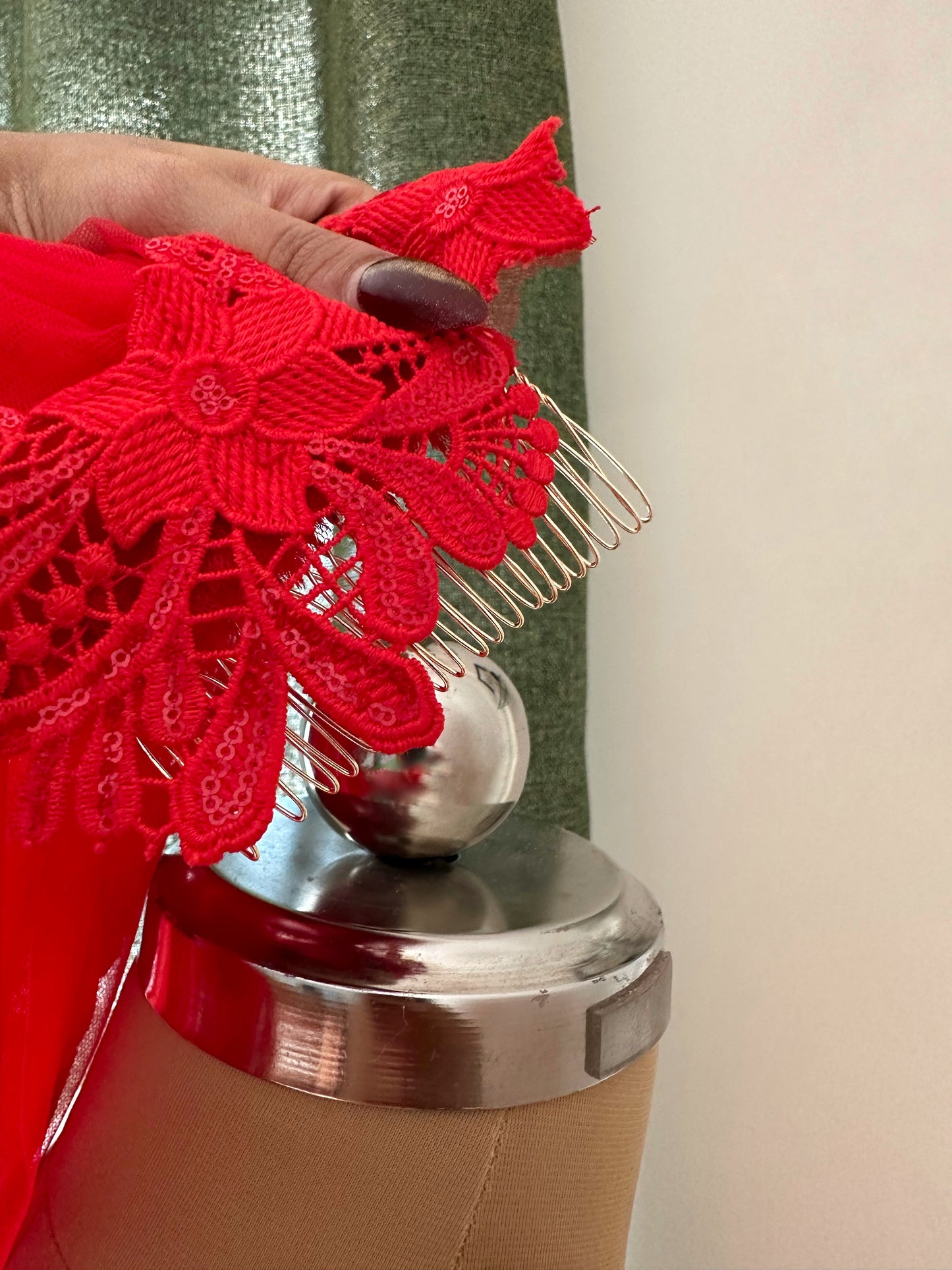 Ever Thine – Romantic Red Veil with Bride & Groom Names in Custom Embroidery