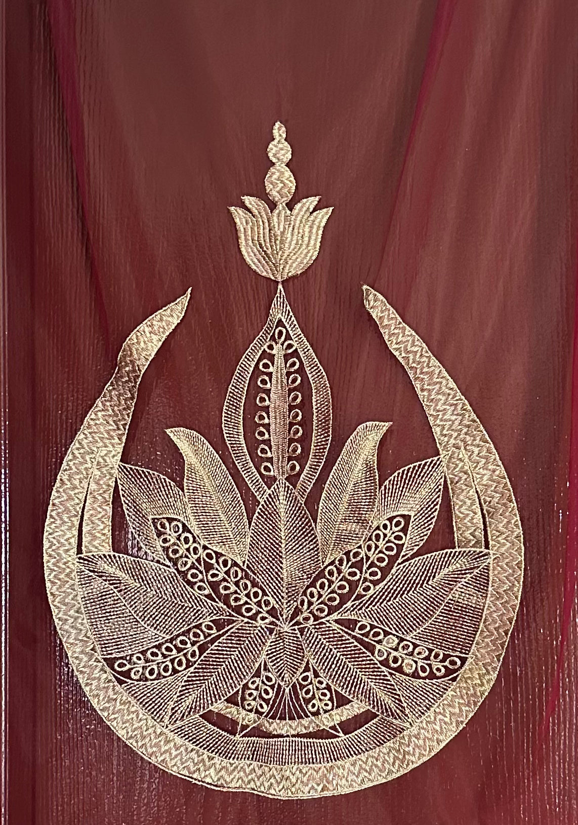 Celestial Bloom- Burgundy Custom Bridal Veil with Embroidered Lotus-Moon, Names & Blessings