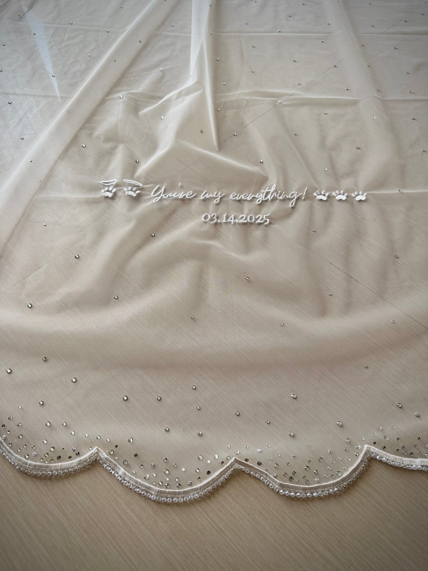 Whisper of Whiskers – Scalloped Cathedral Veil with Ombré Stones & Custom Dog Detail