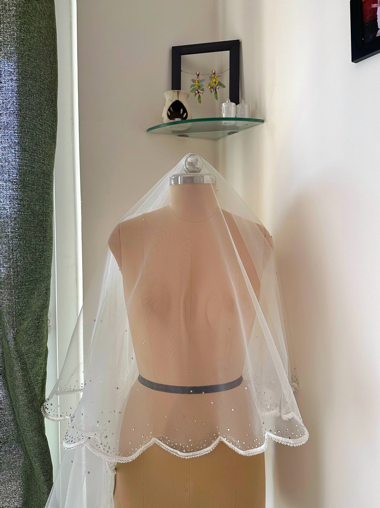 Whisper of Whiskers – Scalloped Cathedral Veil with Ombré Stones & Custom Dog Detail