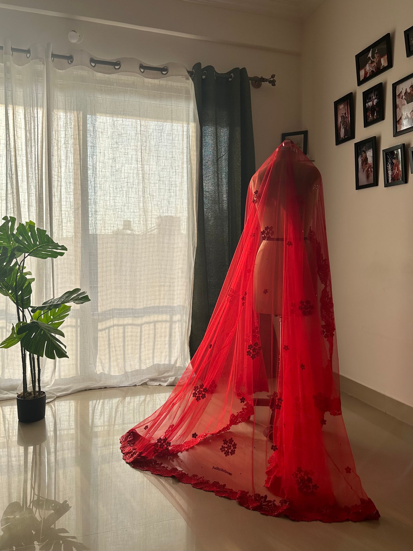 Crimson Tale : Chapel Length Monochrome Red Veil with Hashtag Personalisation