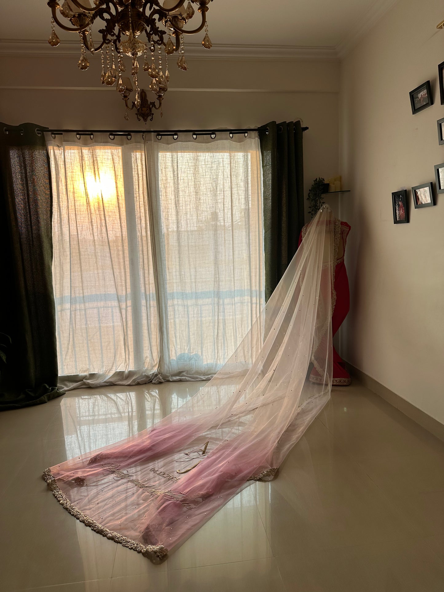 Rosette : An Ombre Blush pink Chapel length Veil with Initials & Quote