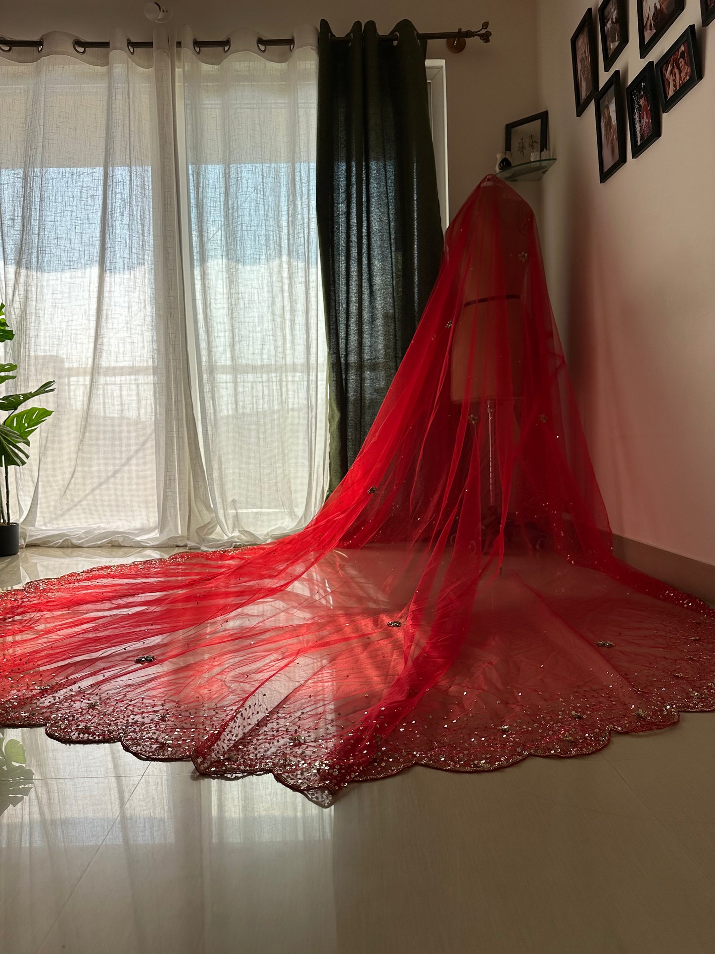 The Scarlet Solstice – Hand Embroidered Red Sequin Veil with Ombré Borders