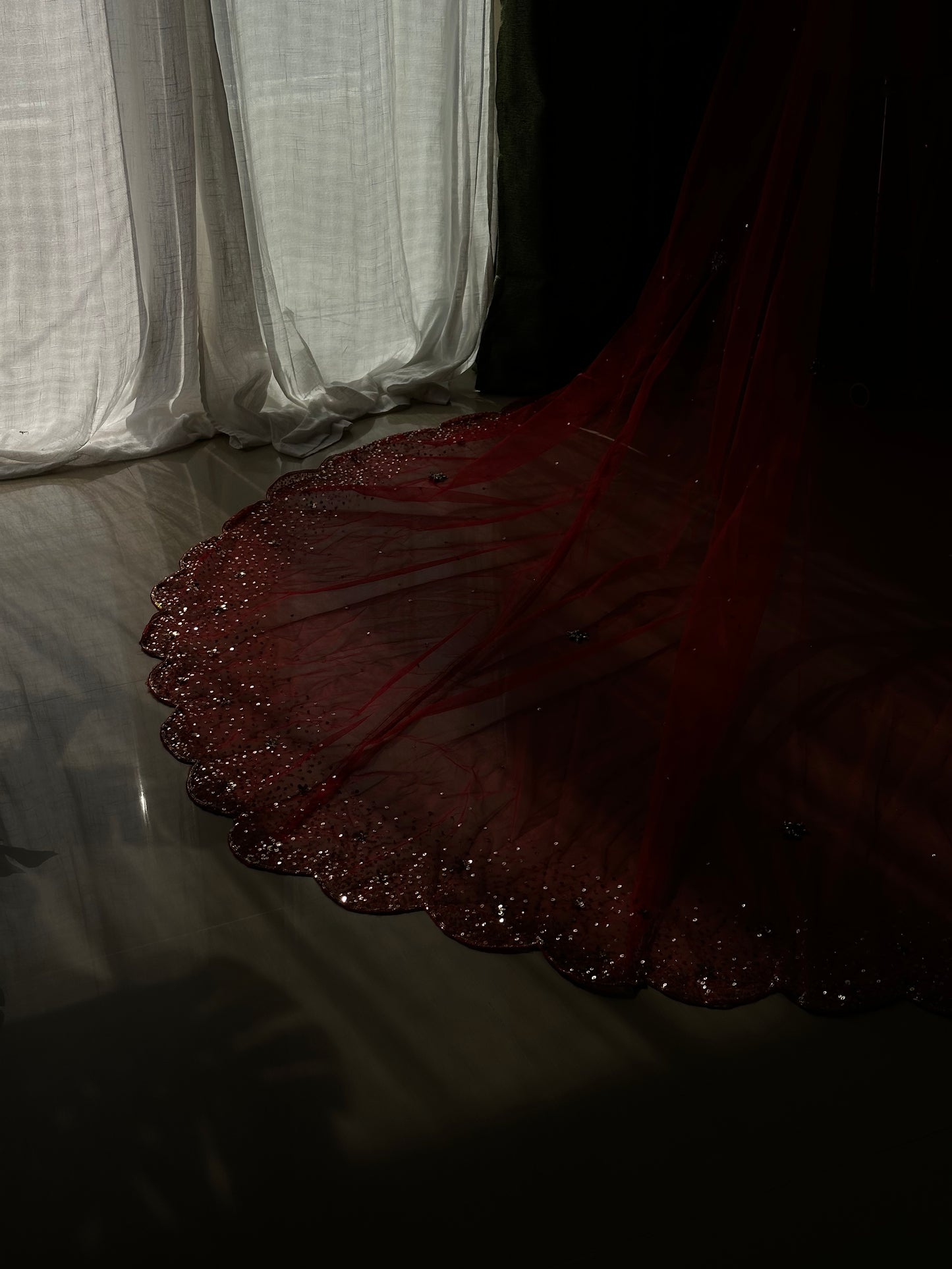 The Scarlet Solstice – Hand Embroidered Red Sequin Veil with Ombré Borders