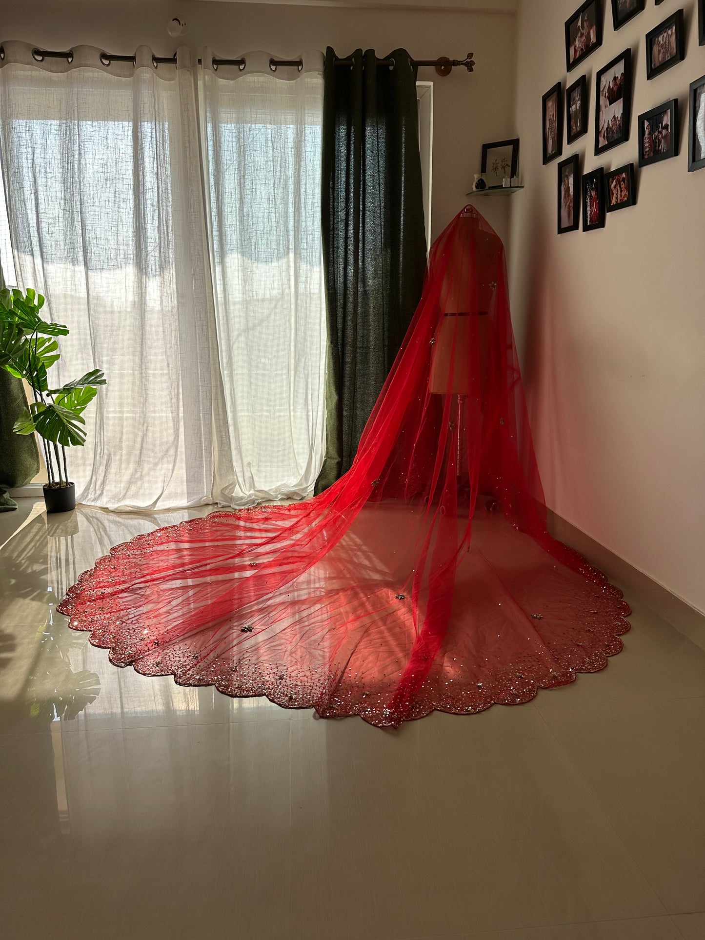 The Scarlet Solstice – Hand Embroidered Red Sequin Veil with Ombré Borders