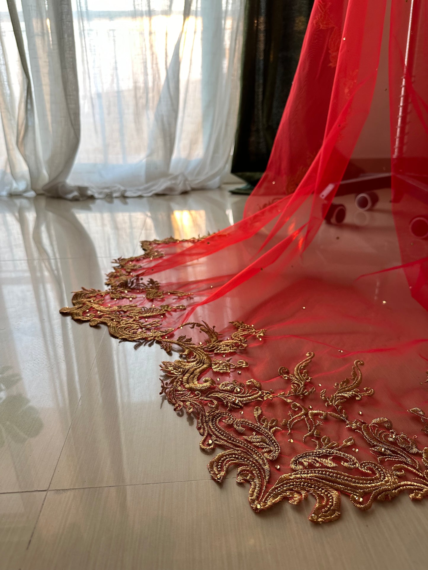 Velaria Royale - Victorian and Vintage style Red Chapel length Veil