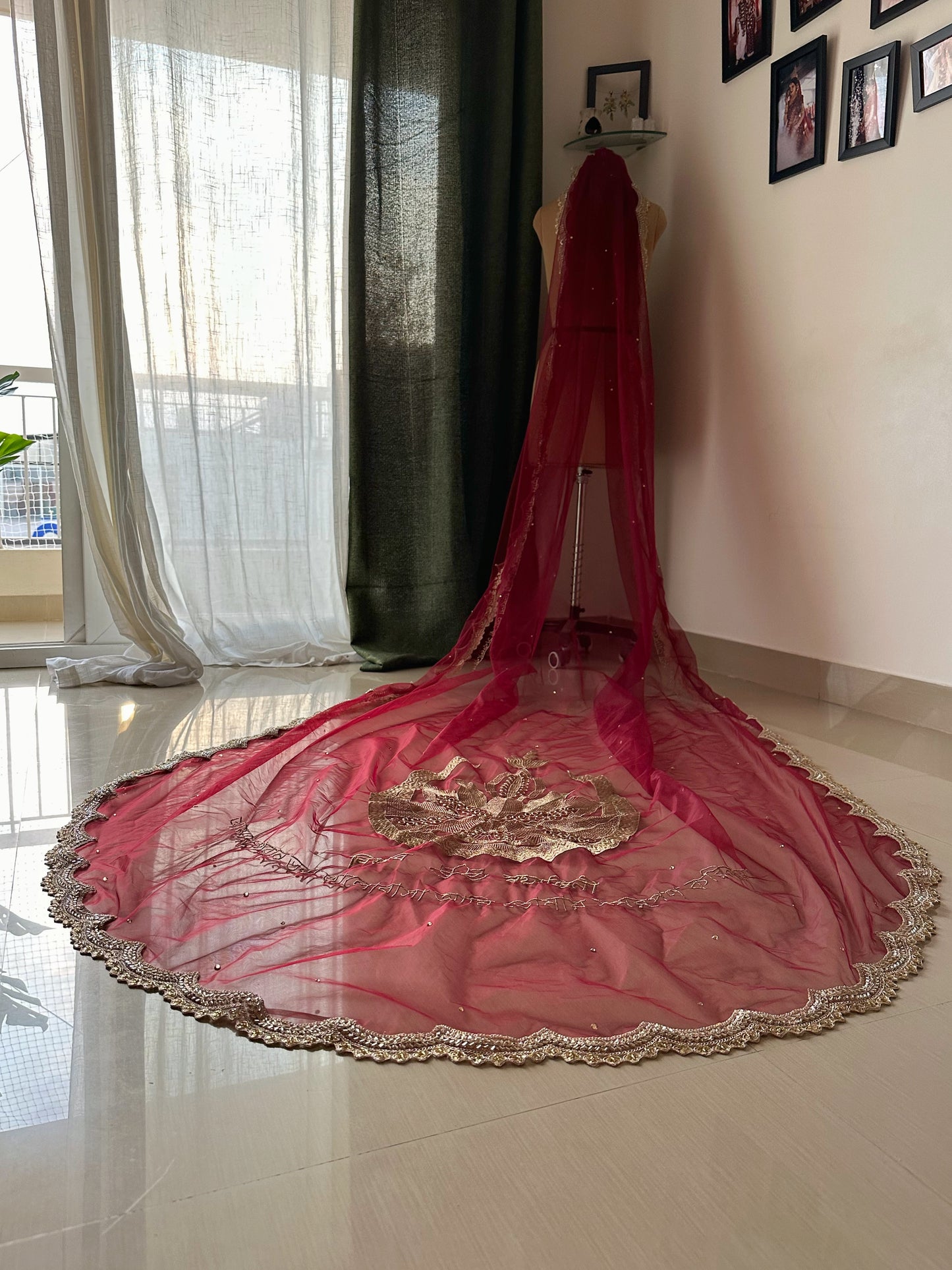 Celestial Bloom- Burgundy Custom Bridal Veil with Embroidered Lotus-Moon, Names & Blessings