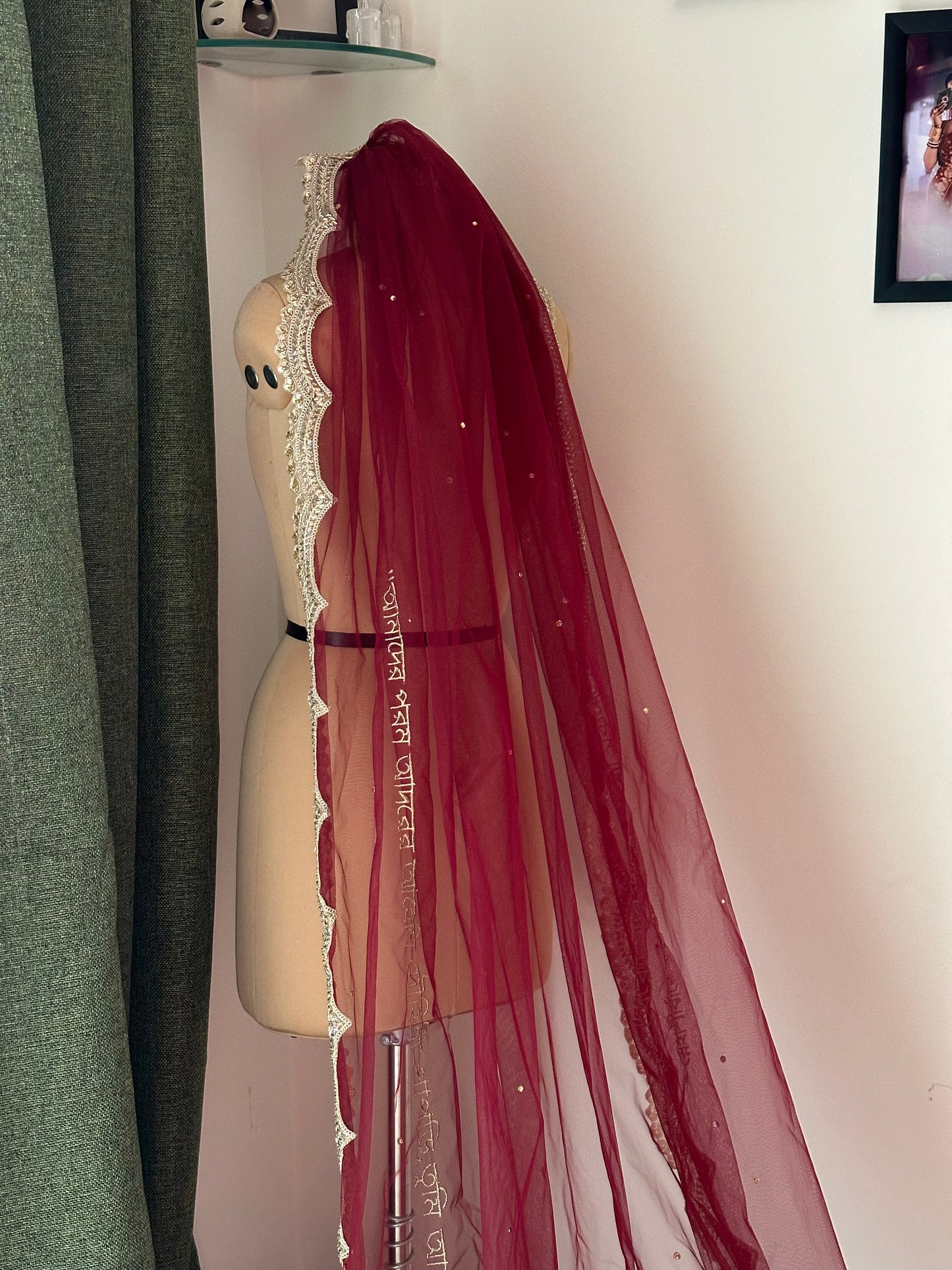Celestial Bloom- Burgundy Custom Bridal Veil with Embroidered Lotus-Moon, Names & Blessings