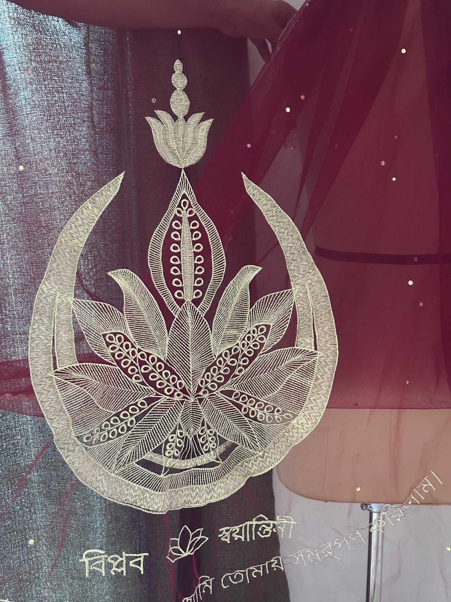 Celestial Bloom- Burgundy Custom Bridal Veil with Embroidered Lotus-Moon, Names & Blessings
