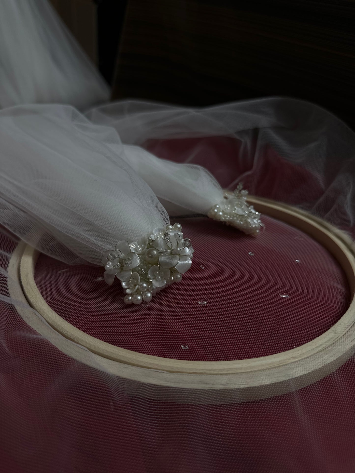 Enchanted : The jewelled Ivory Draped Veil with resin floral hair accessories and floral embroidery
